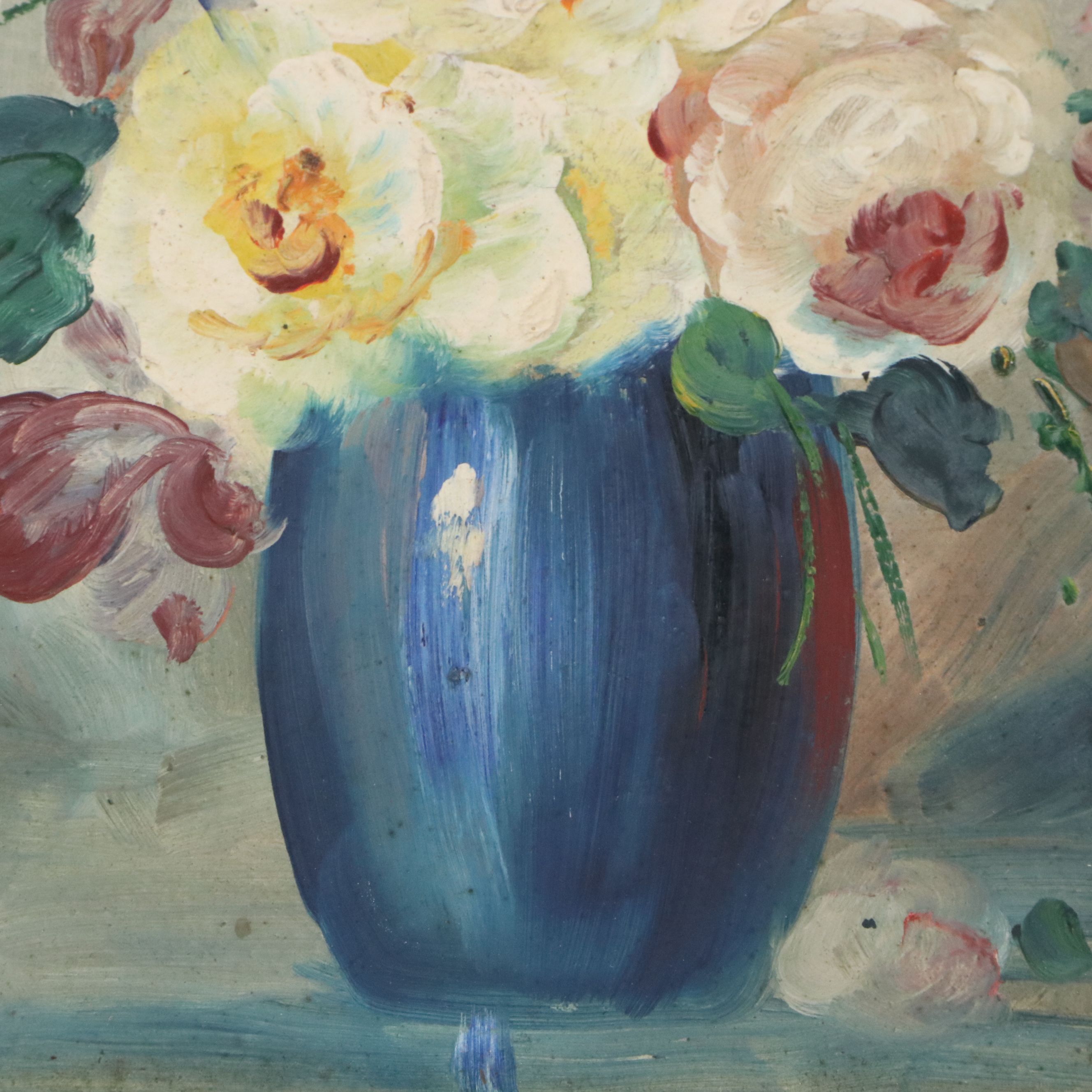 Floral Still Life Oil Painting of White Roses in Vase, 20th Century