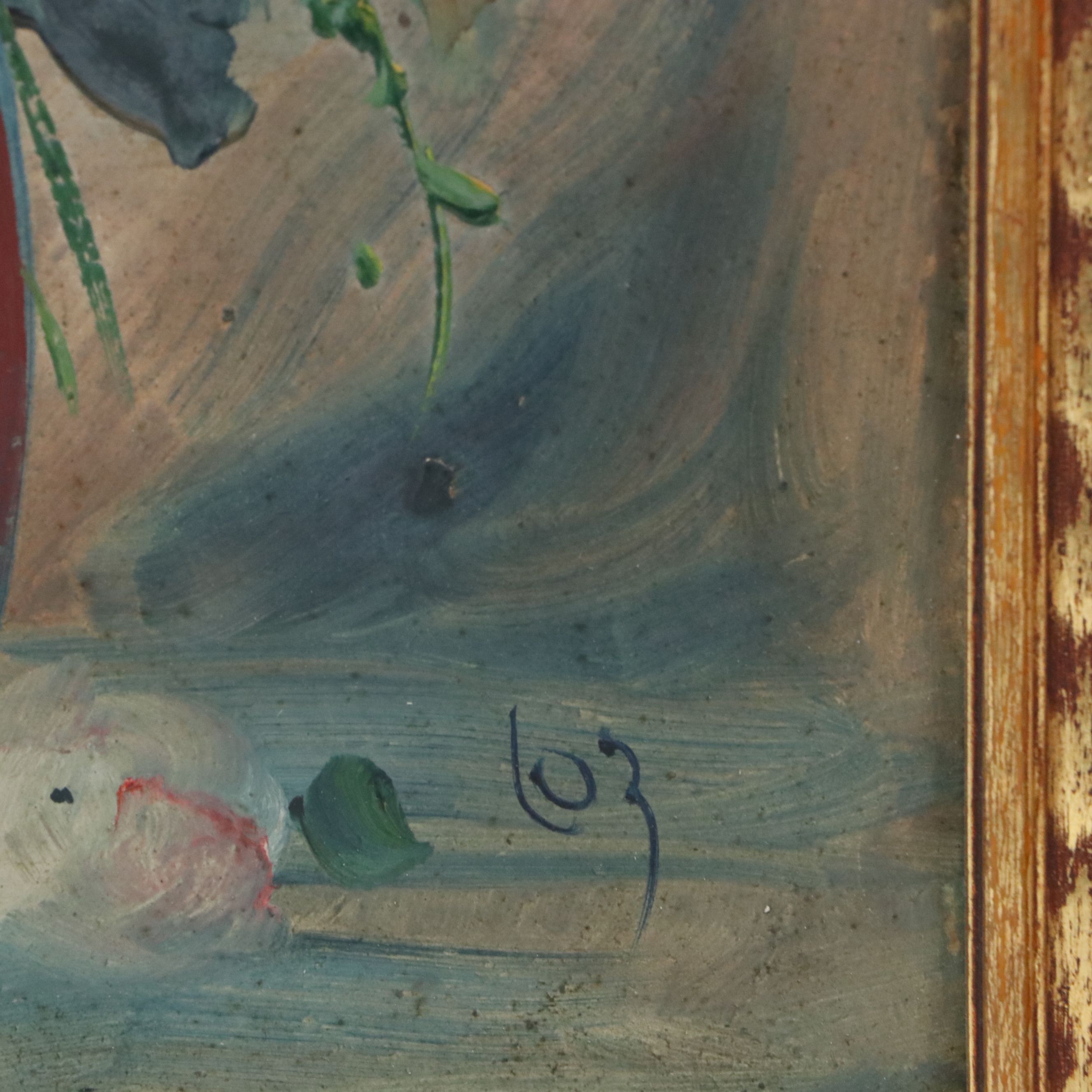 Floral Still Life Oil Painting of White Roses in Vase, 20th Century