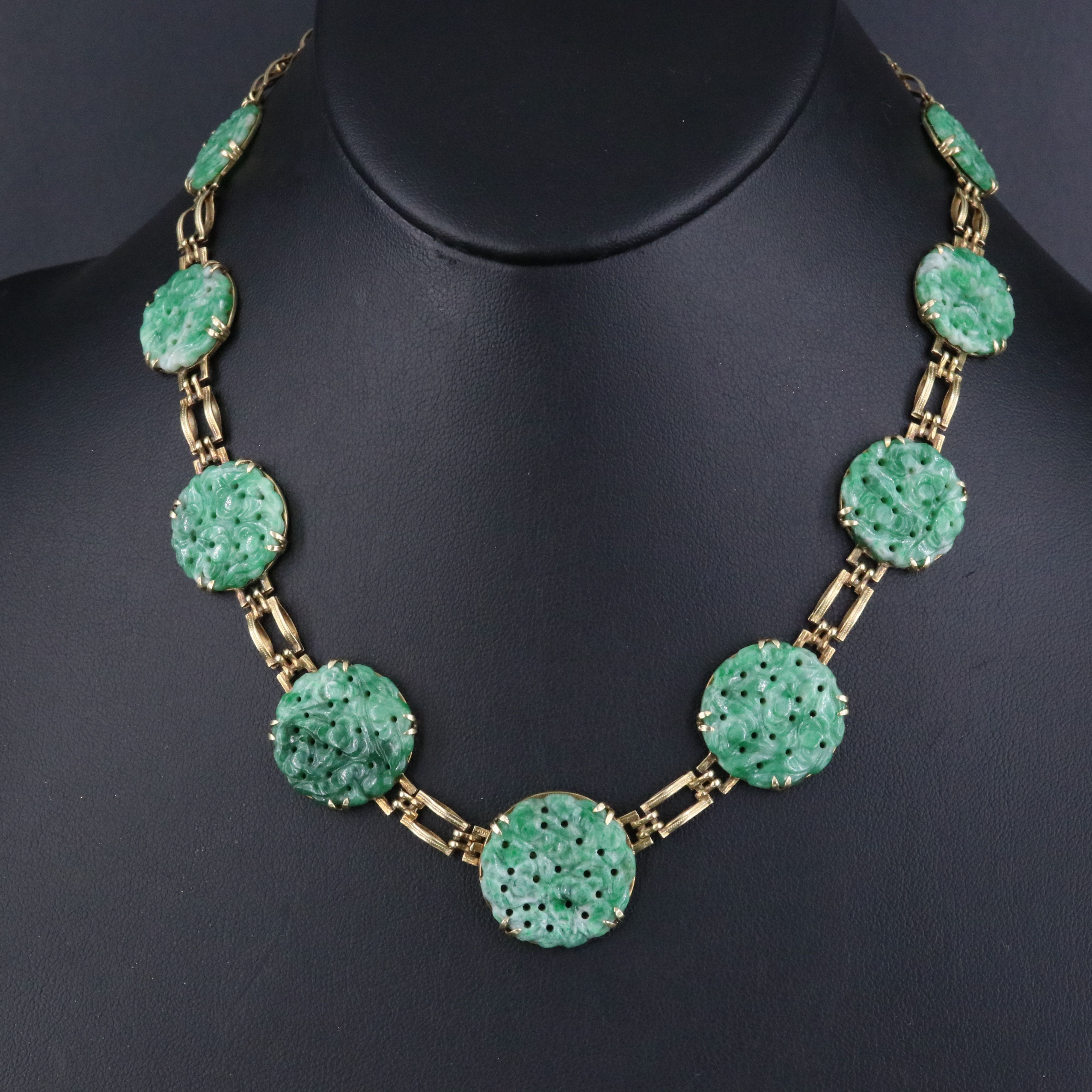 14K Green Gold Carved Jadeite Disc Necklace