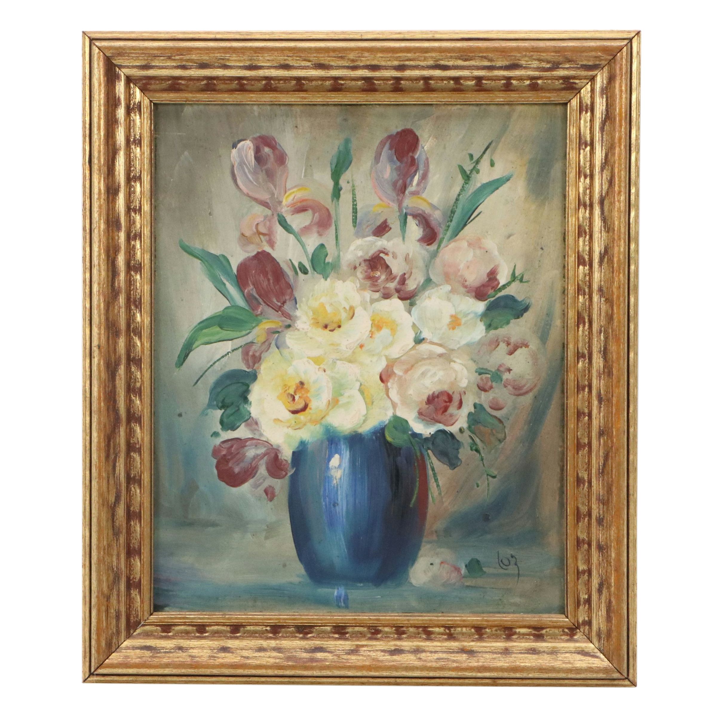 Floral Still Life Oil Painting of White Roses in Vase, 20th Century