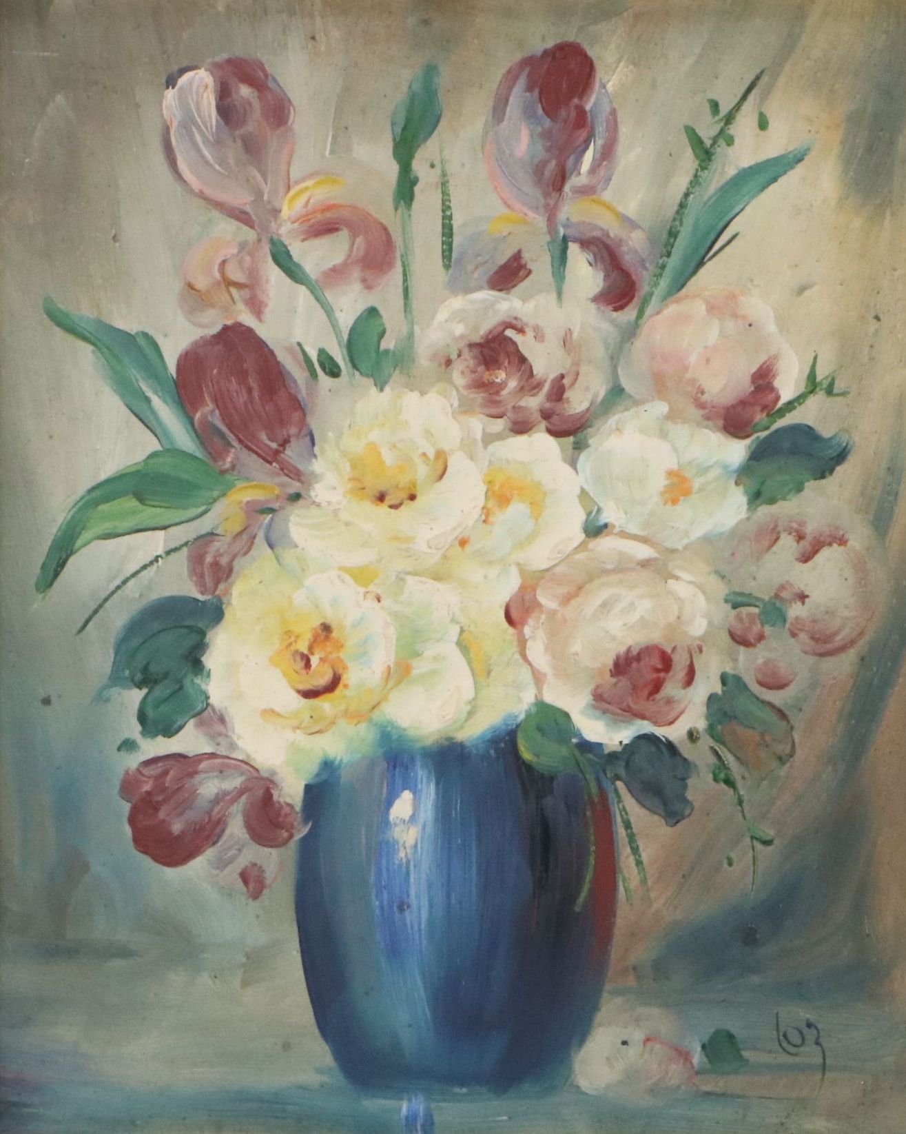 Floral Still Life Oil Painting of White Roses in Vase, 20th Century