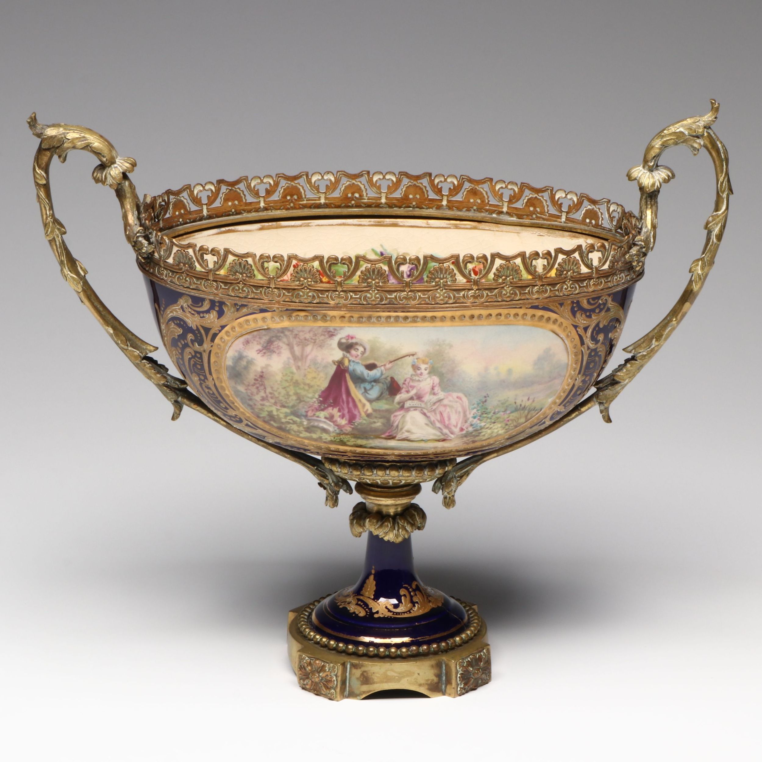 Sèvres-Style Floral Cobalt Blue Gilt Porcelain Ormolu Mounted Centerpiece Bowl