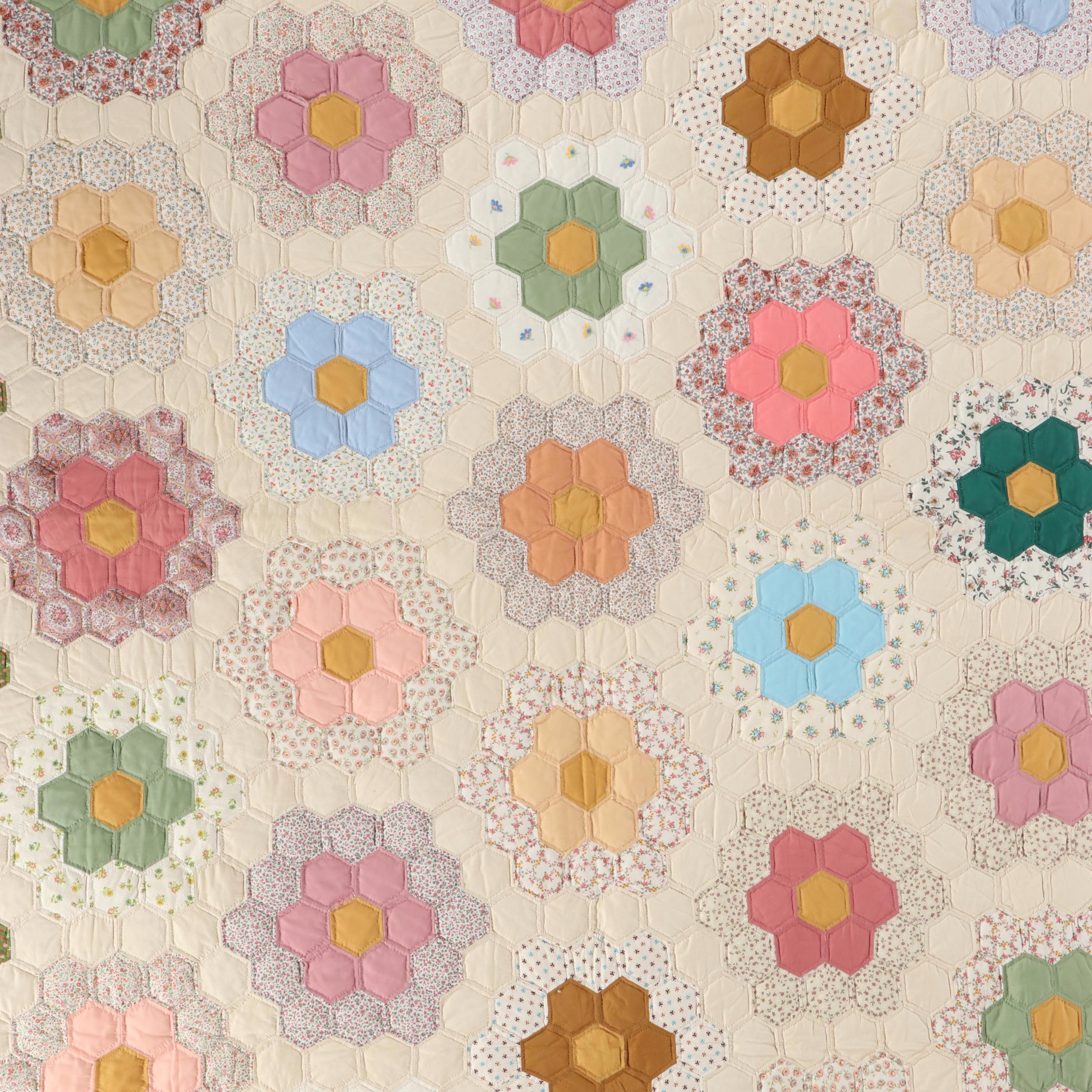 Hand-Quilted "Grandmother's Flower Garden" Cotton Quilt