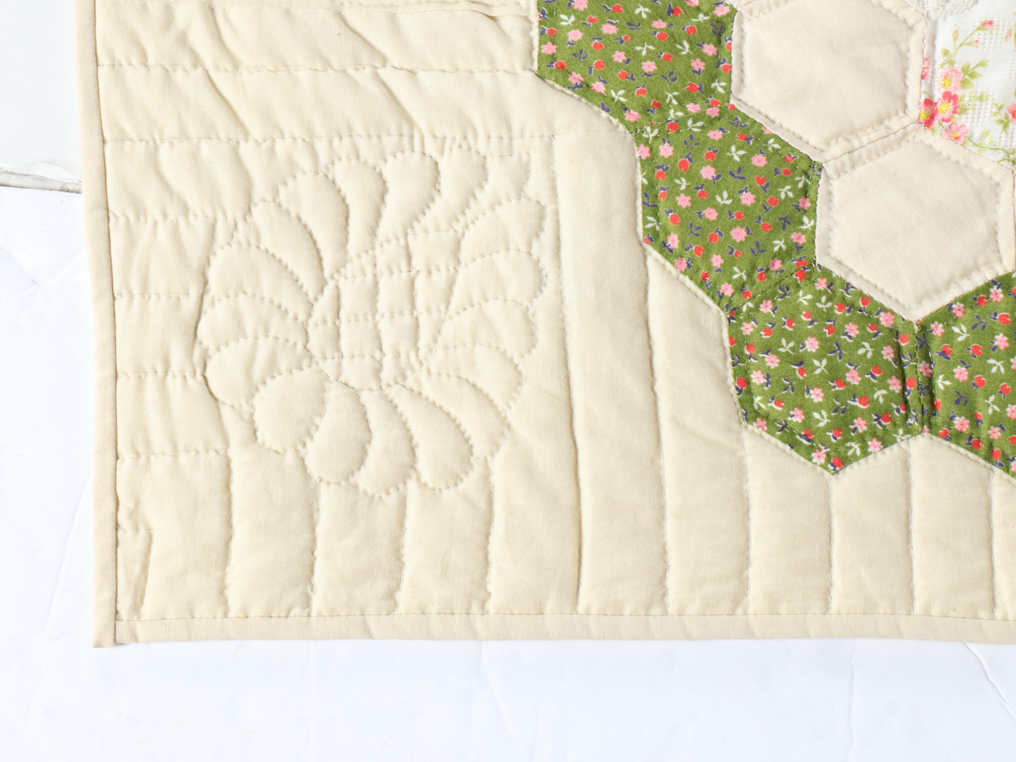 Hand-Quilted "Grandmother's Flower Garden" Cotton Quilt
