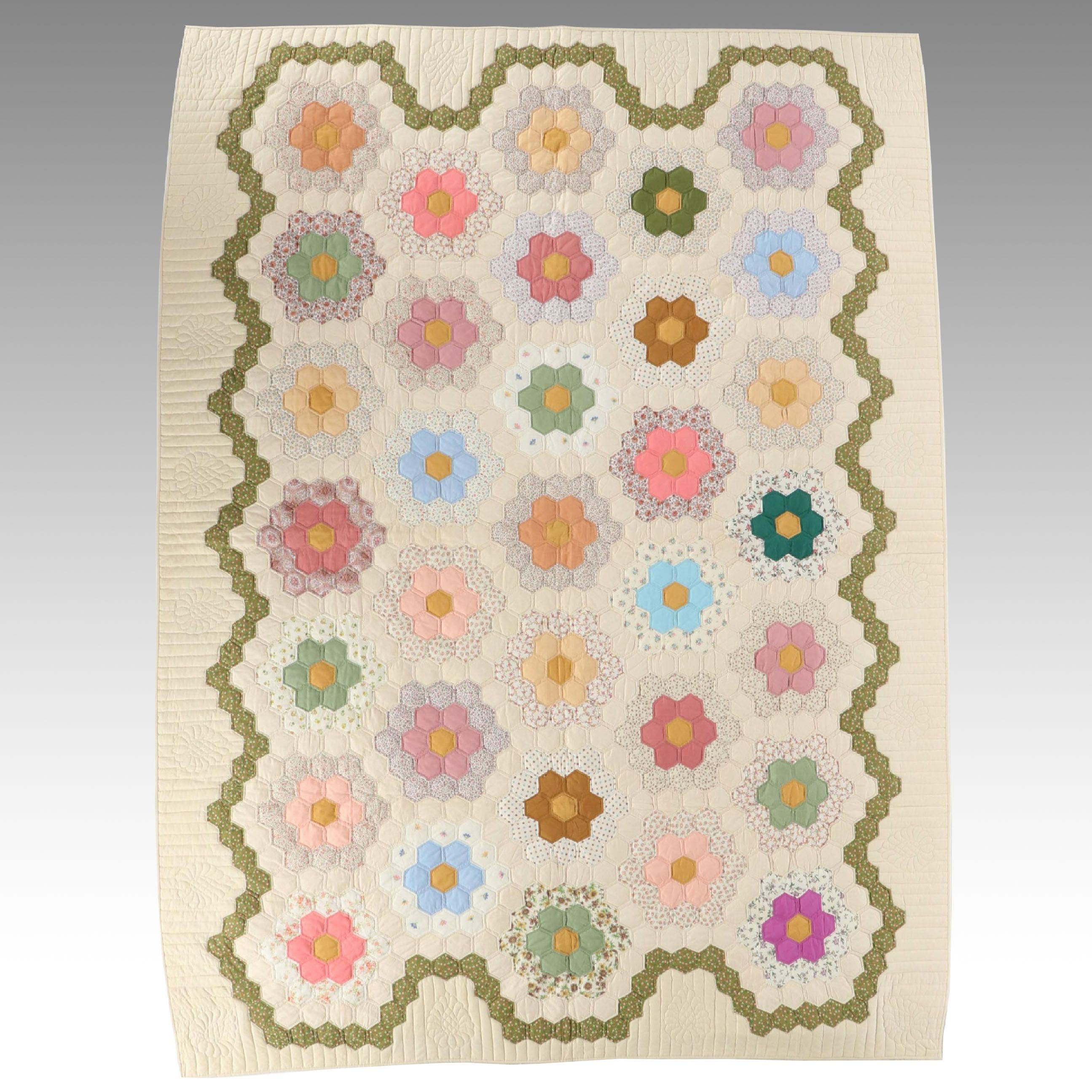 Hand-Quilted "Grandmother's Flower Garden" Cotton Quilt