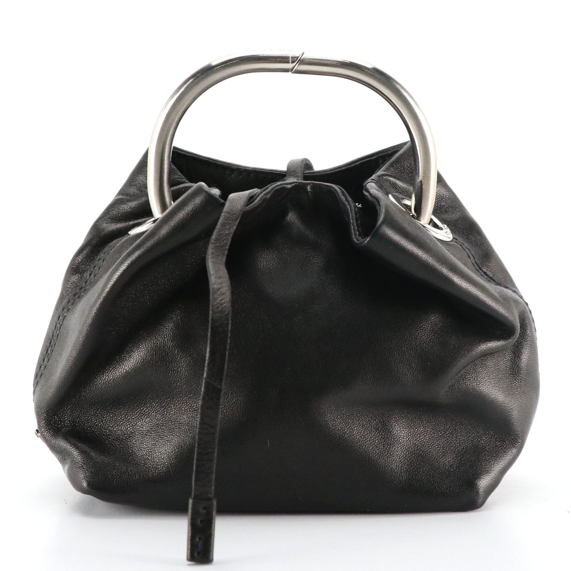 Prada Mini Metal Ring Handbag in Black Lambskin Leather