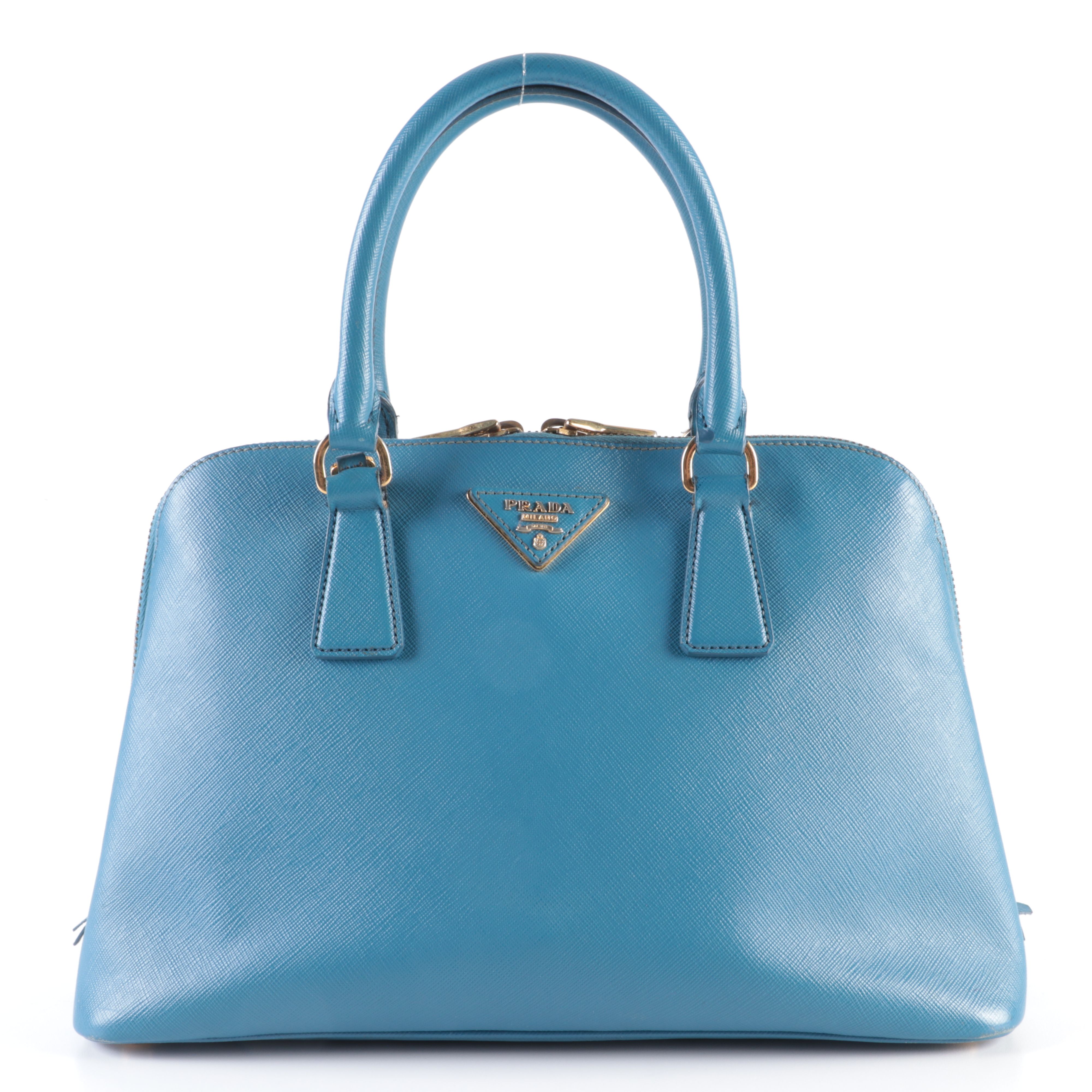 Prada Lux Promenade Dome Handbag in Blue Saffiano Leather