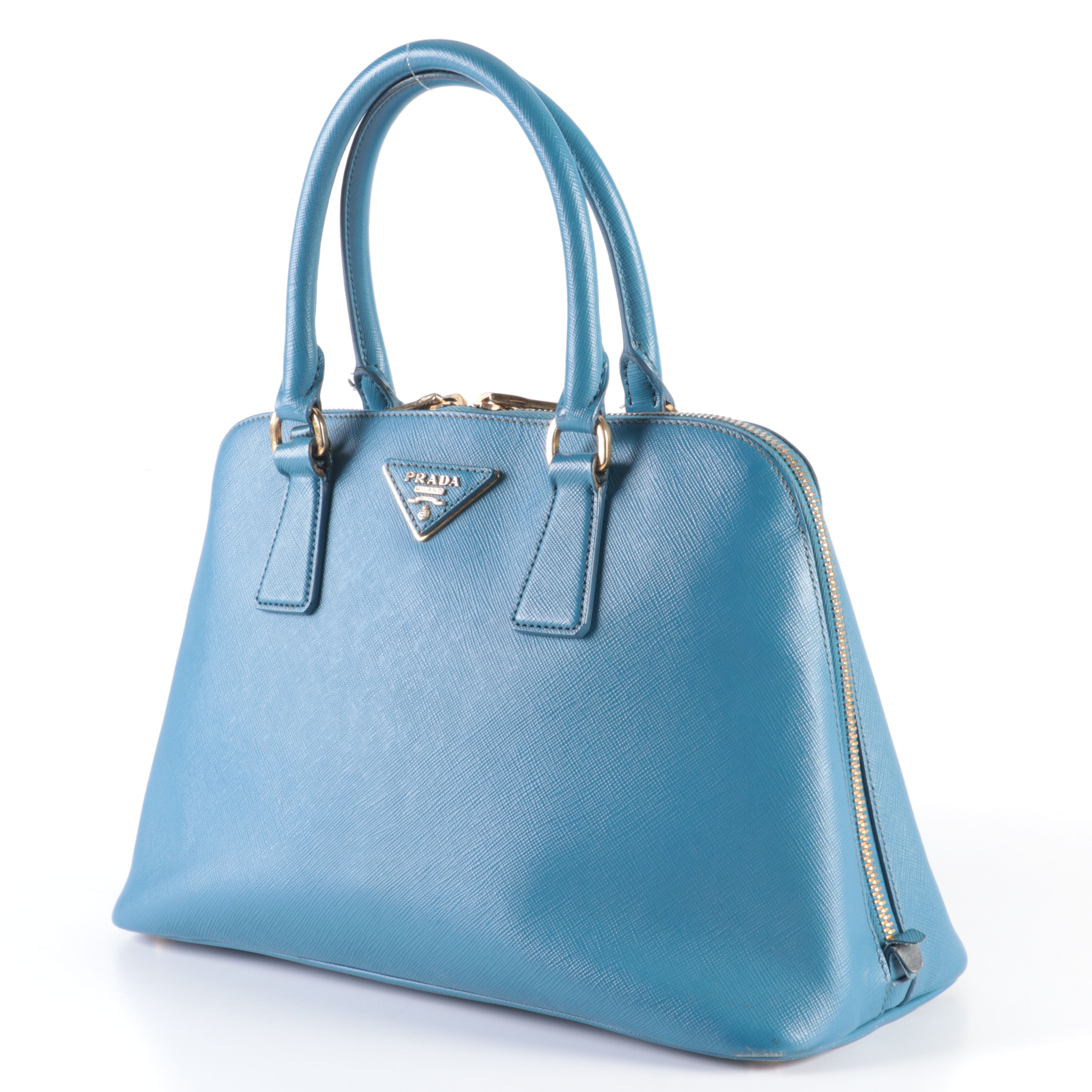 Prada Lux Promenade Dome Handbag in Blue Saffiano Leather