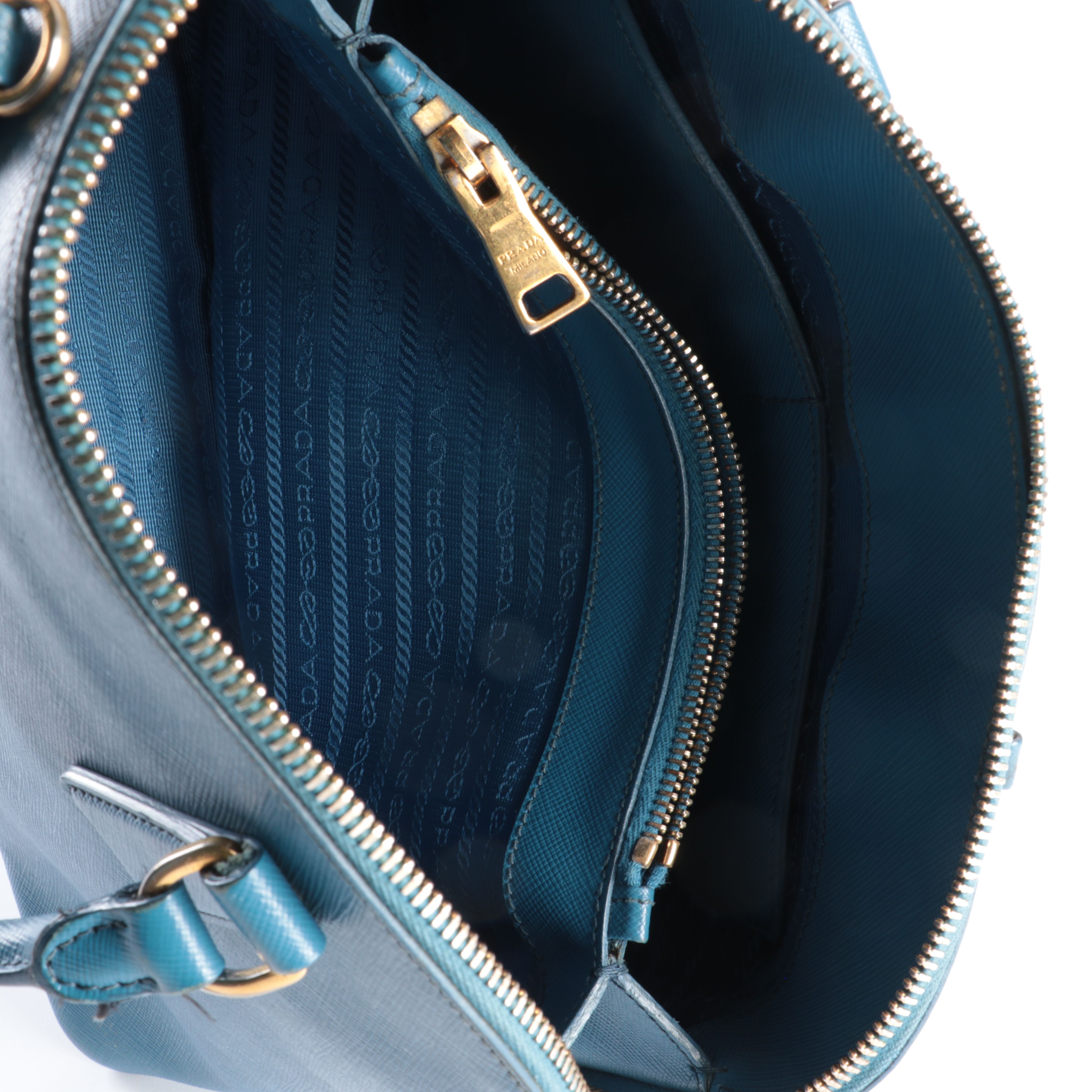 Prada Lux Promenade Dome Handbag in Blue Saffiano Leather