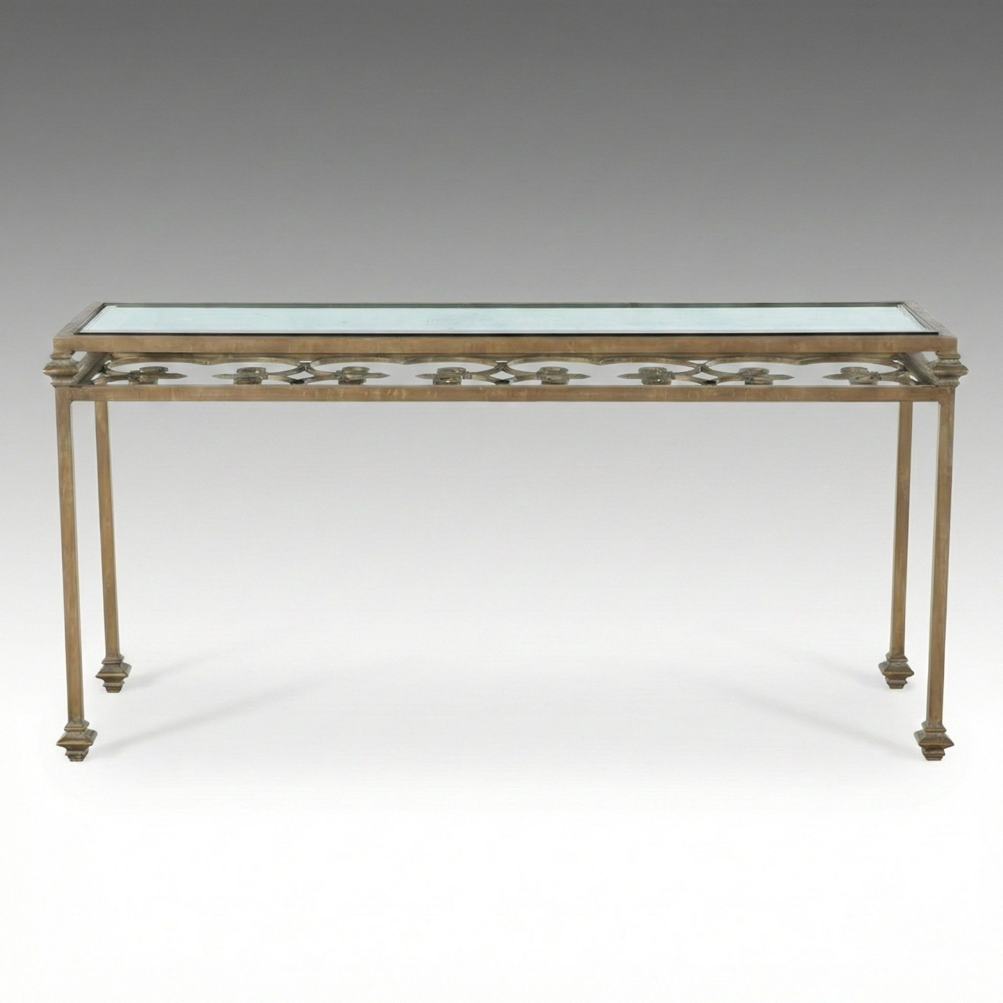 Gold-Finished Wrought Iron and Glass Console Table with Fleur-de-lis Motif