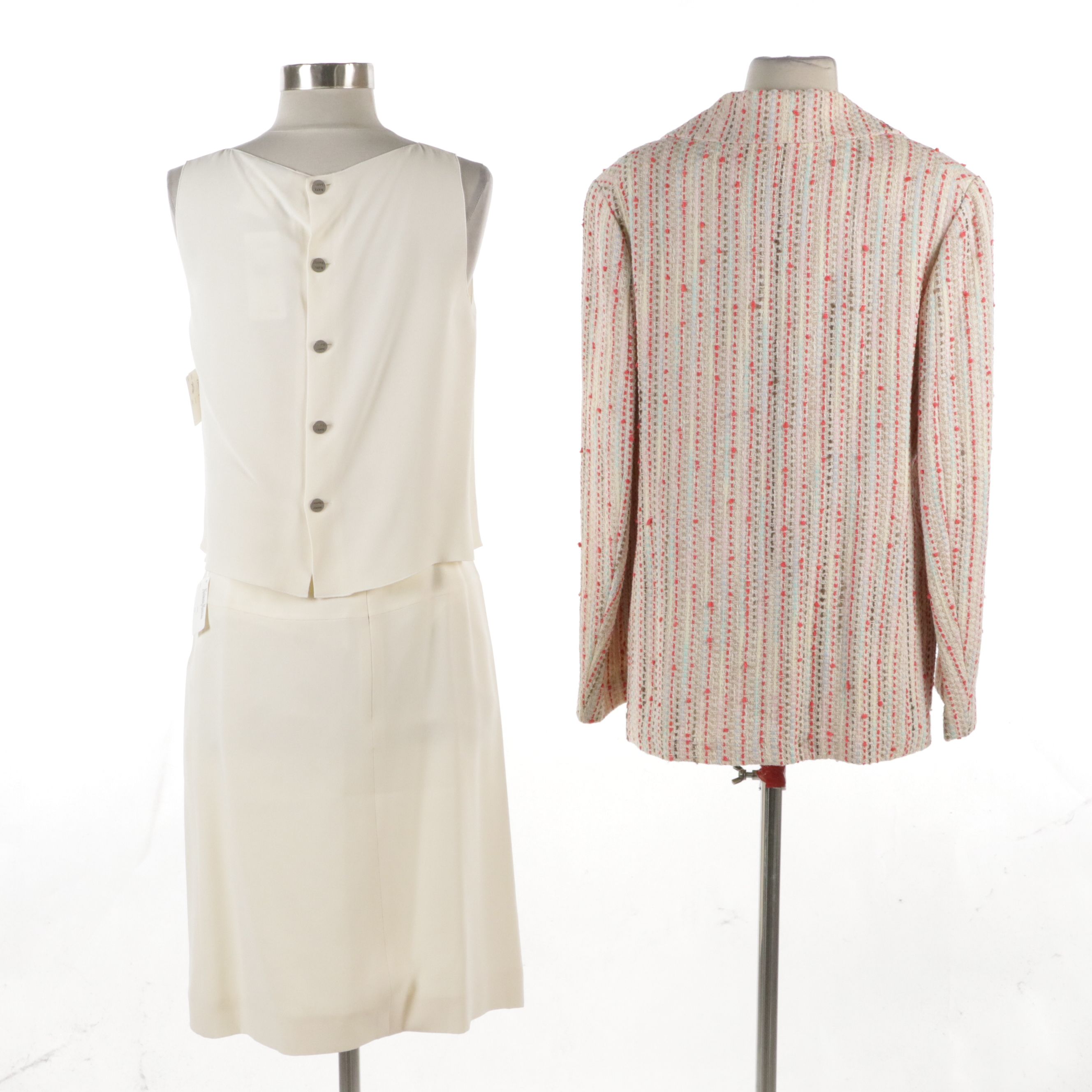 Chanel Cruise Collection Bouclé Knit Jacket with Off-White Silk Skirt and Top