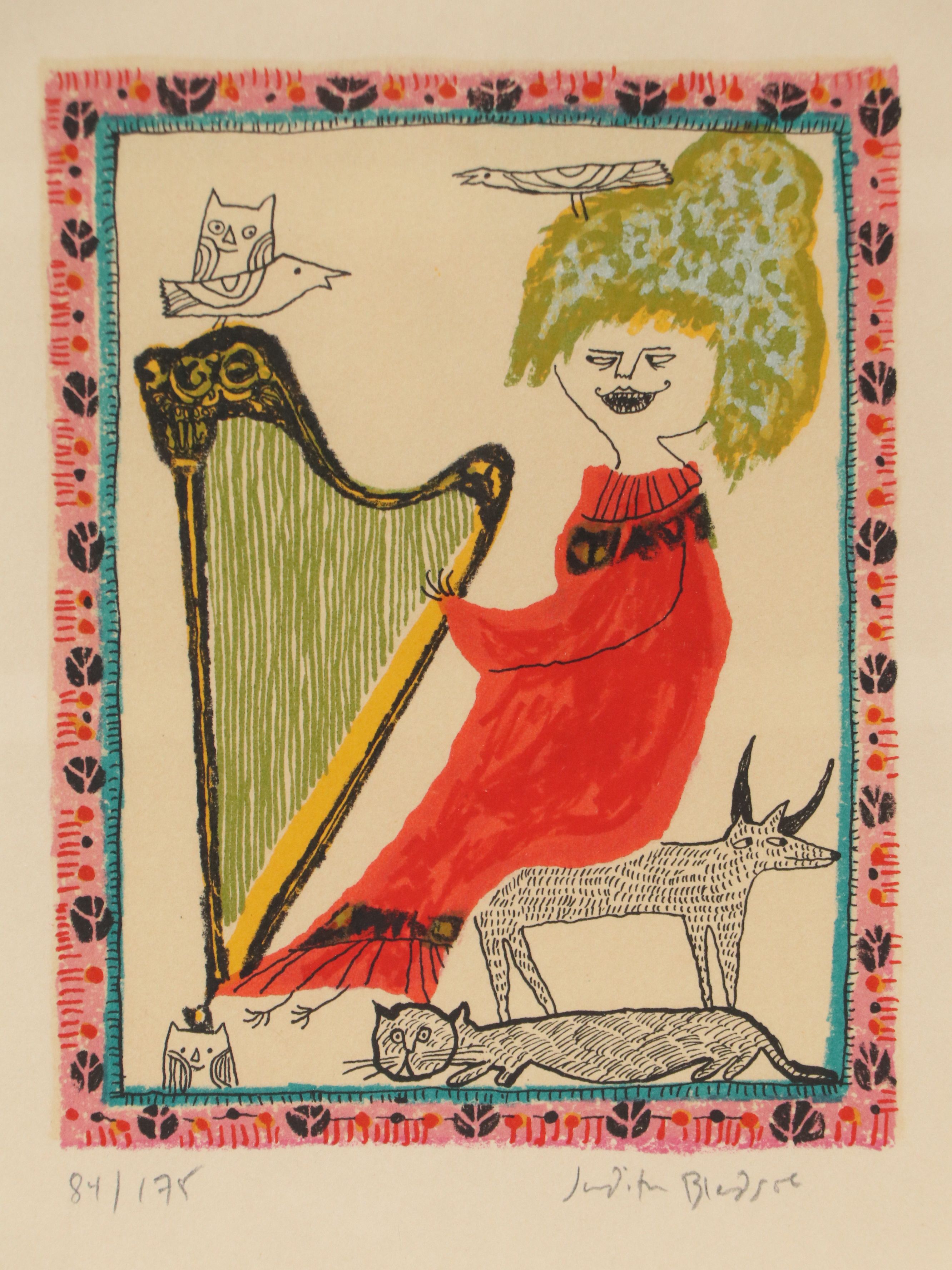Judith Bledsoe Lithograph "Petite Portrait - Harpist," Mid-20th Century