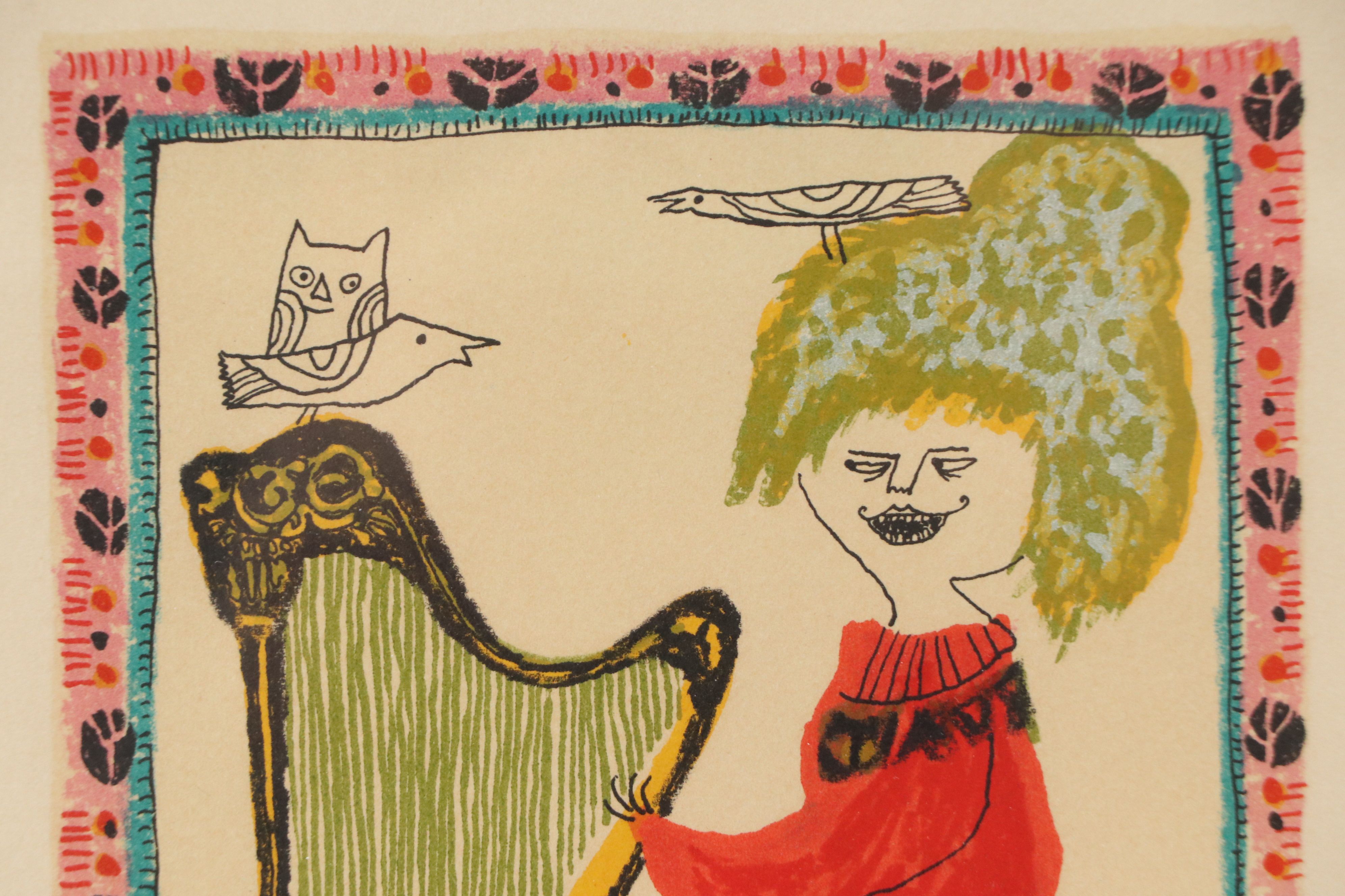 Judith Bledsoe Lithograph "Petite Portrait - Harpist," Mid-20th Century