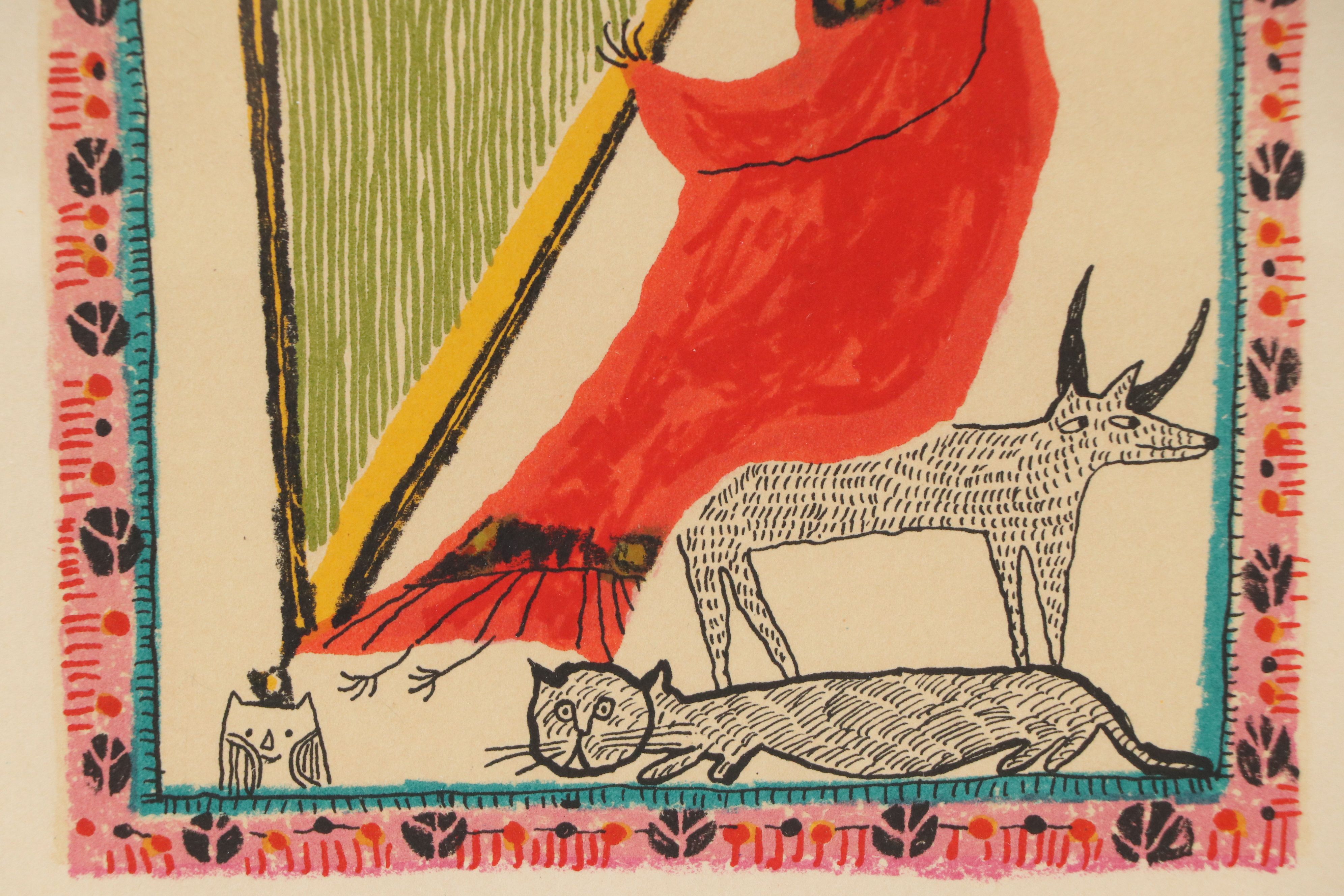 Judith Bledsoe Lithograph "Petite Portrait - Harpist," Mid-20th Century