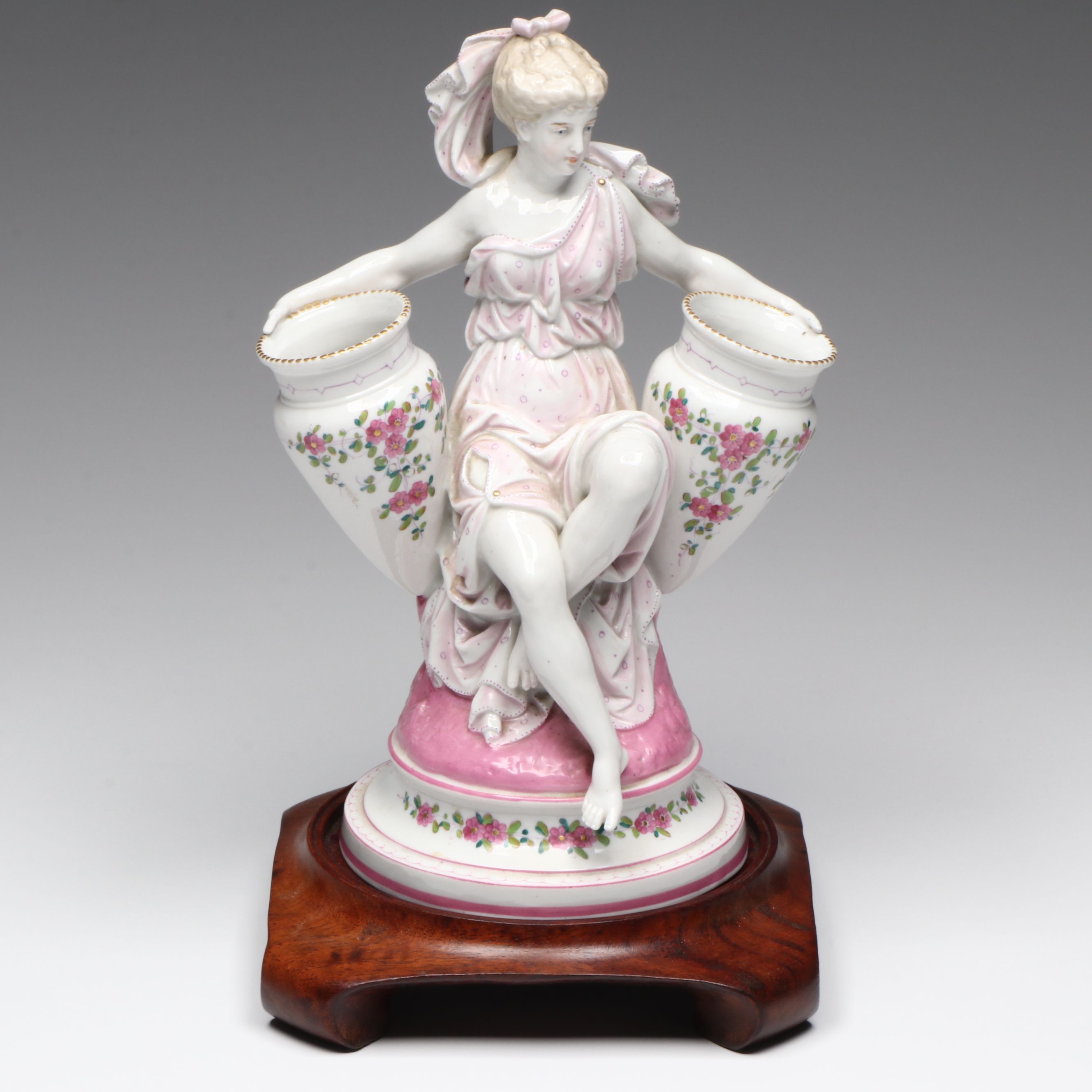 French Neoclassical Style Porcelain Figure with Other Bone China Teacups