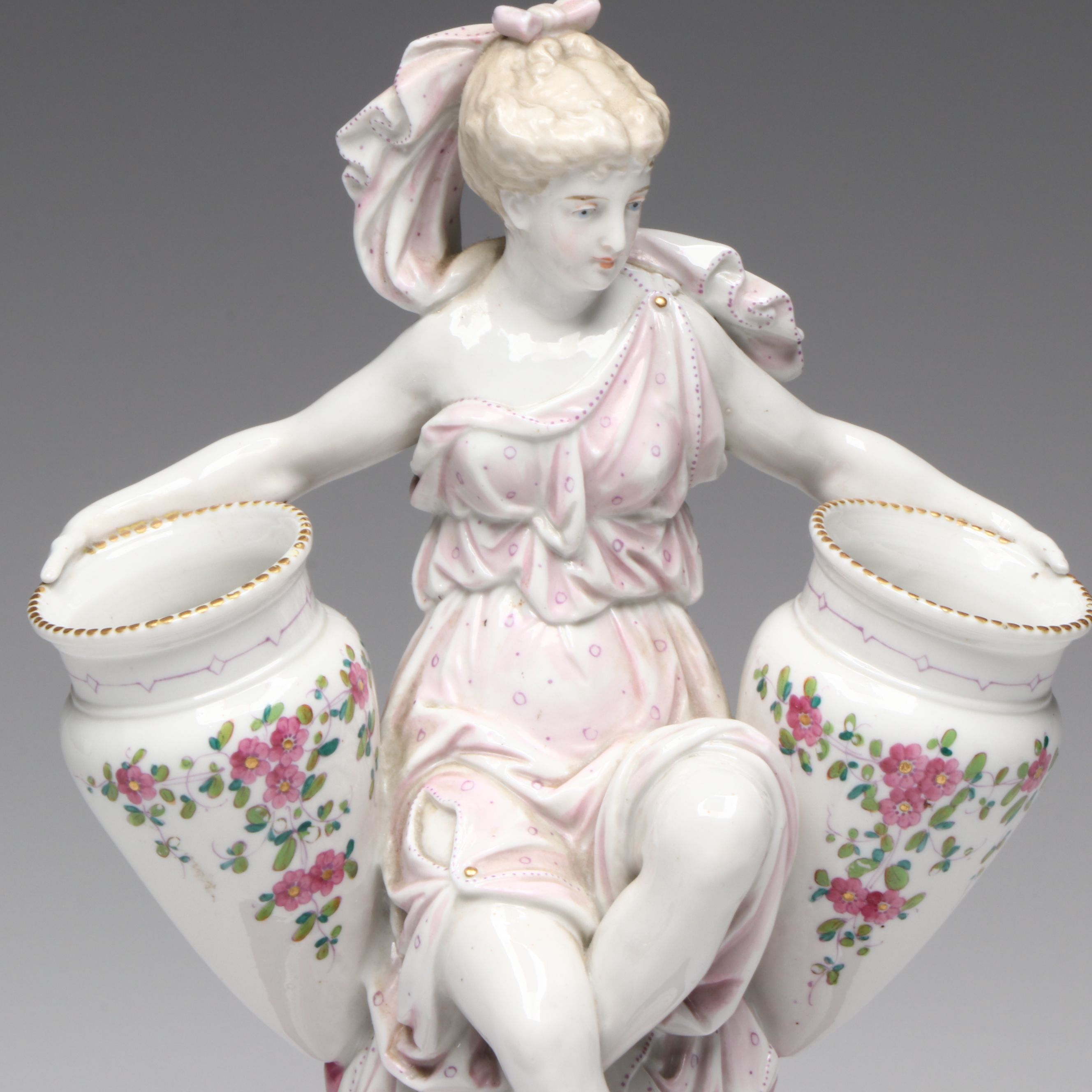 French Neoclassical Style Porcelain Figure with Other Bone China Teacups