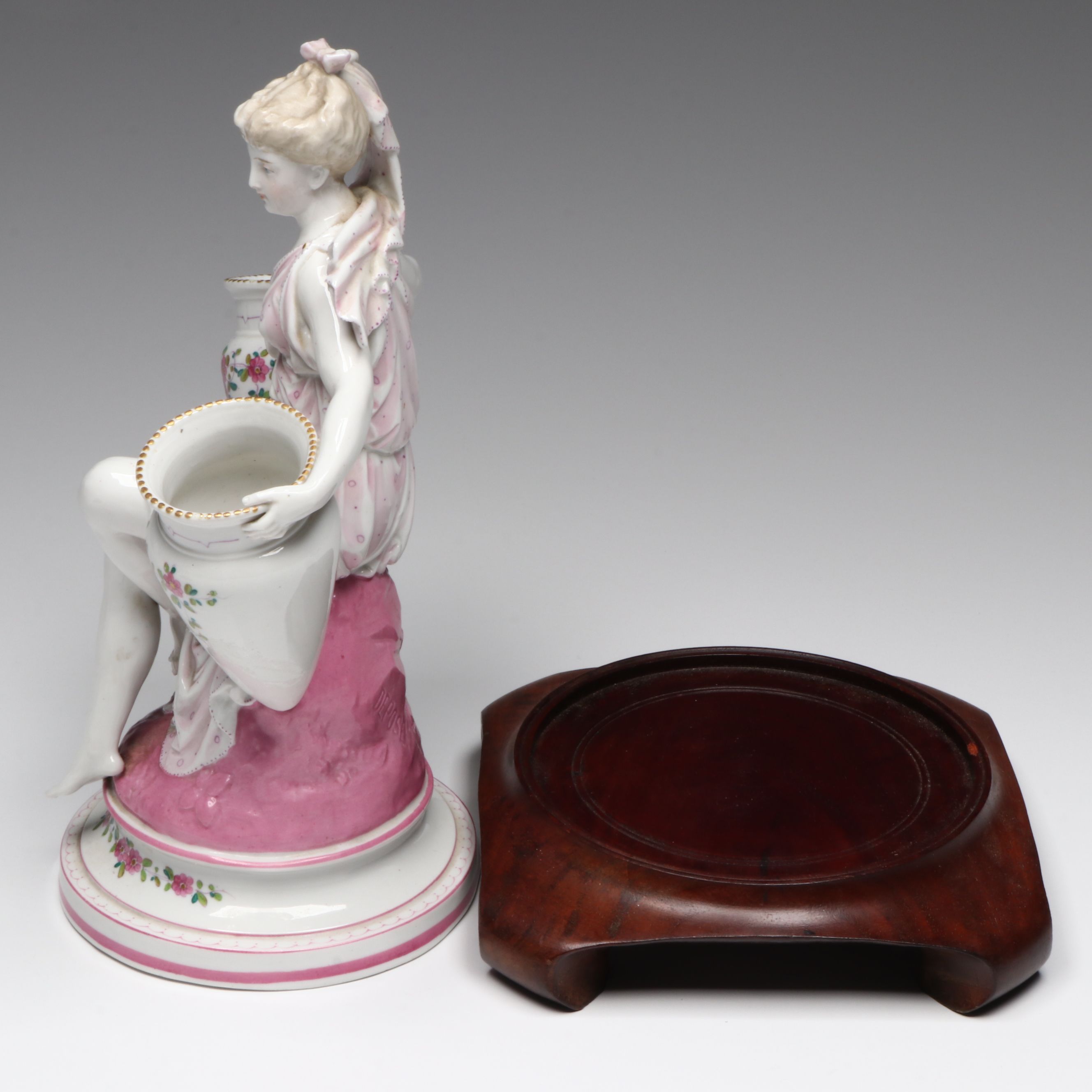 French Neoclassical Style Porcelain Figure with Other Bone China Teacups
