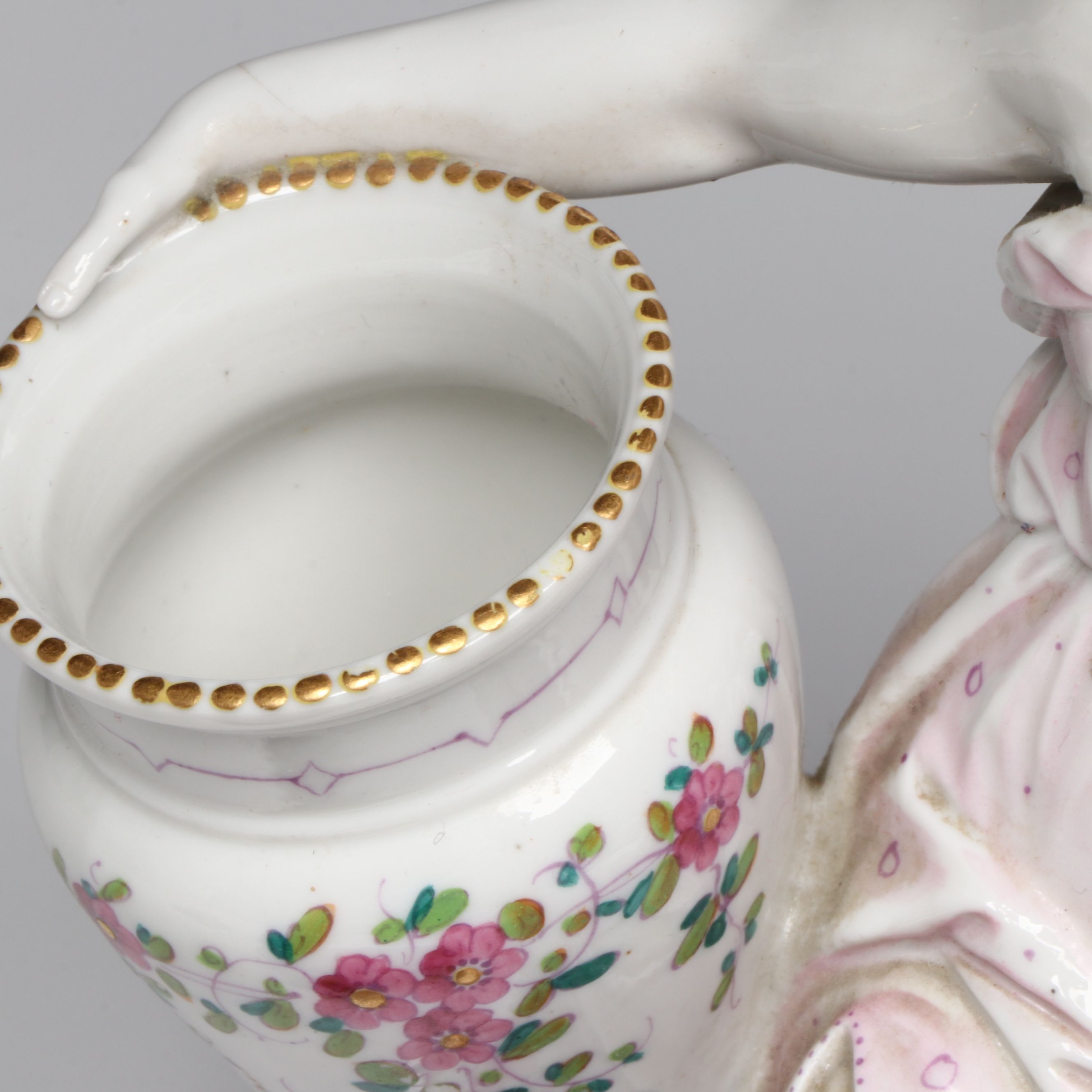 French Neoclassical Style Porcelain Figure with Other Bone China Teacups