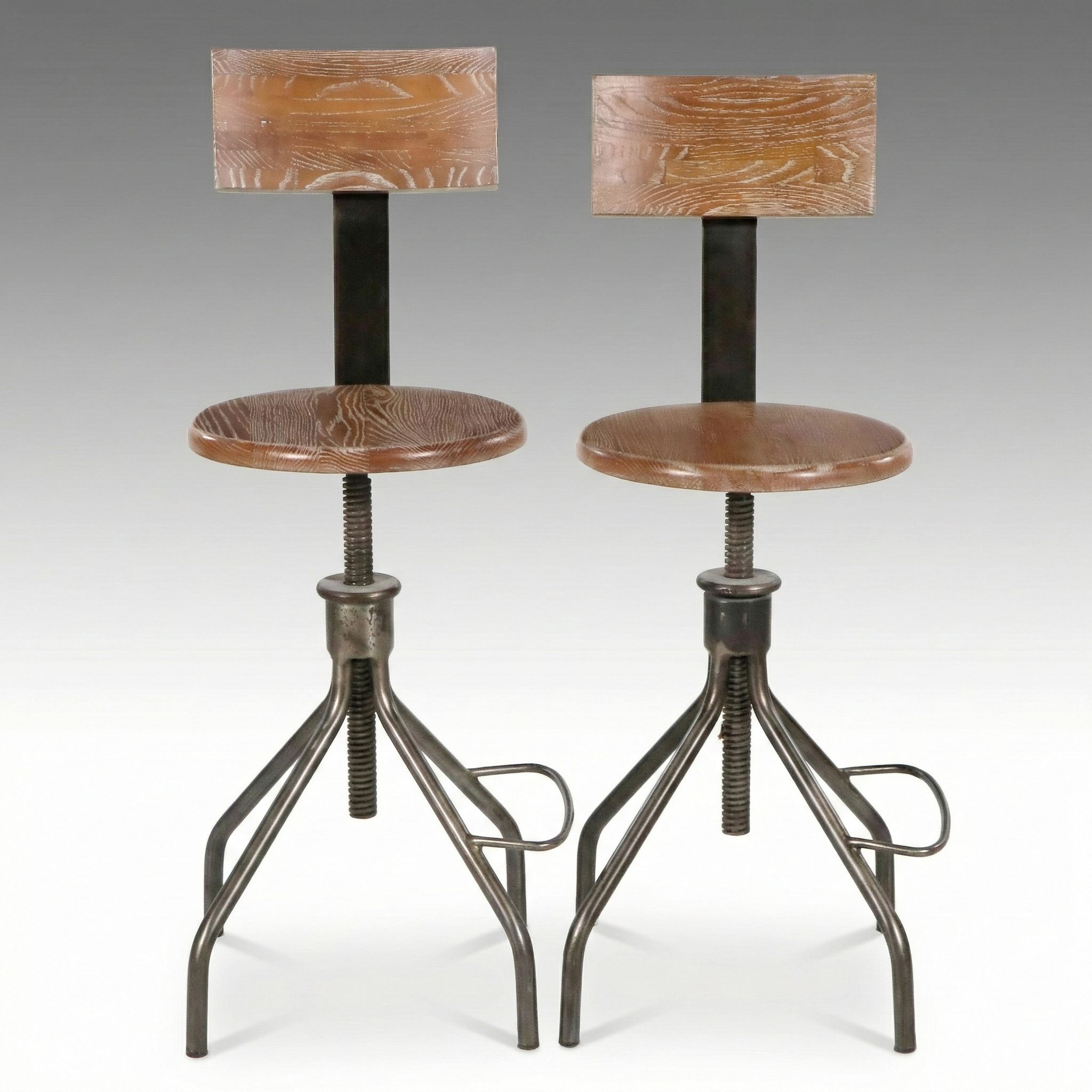 Pair of Industrial Style Wood and Metal Swivel Adjustable Height Stools