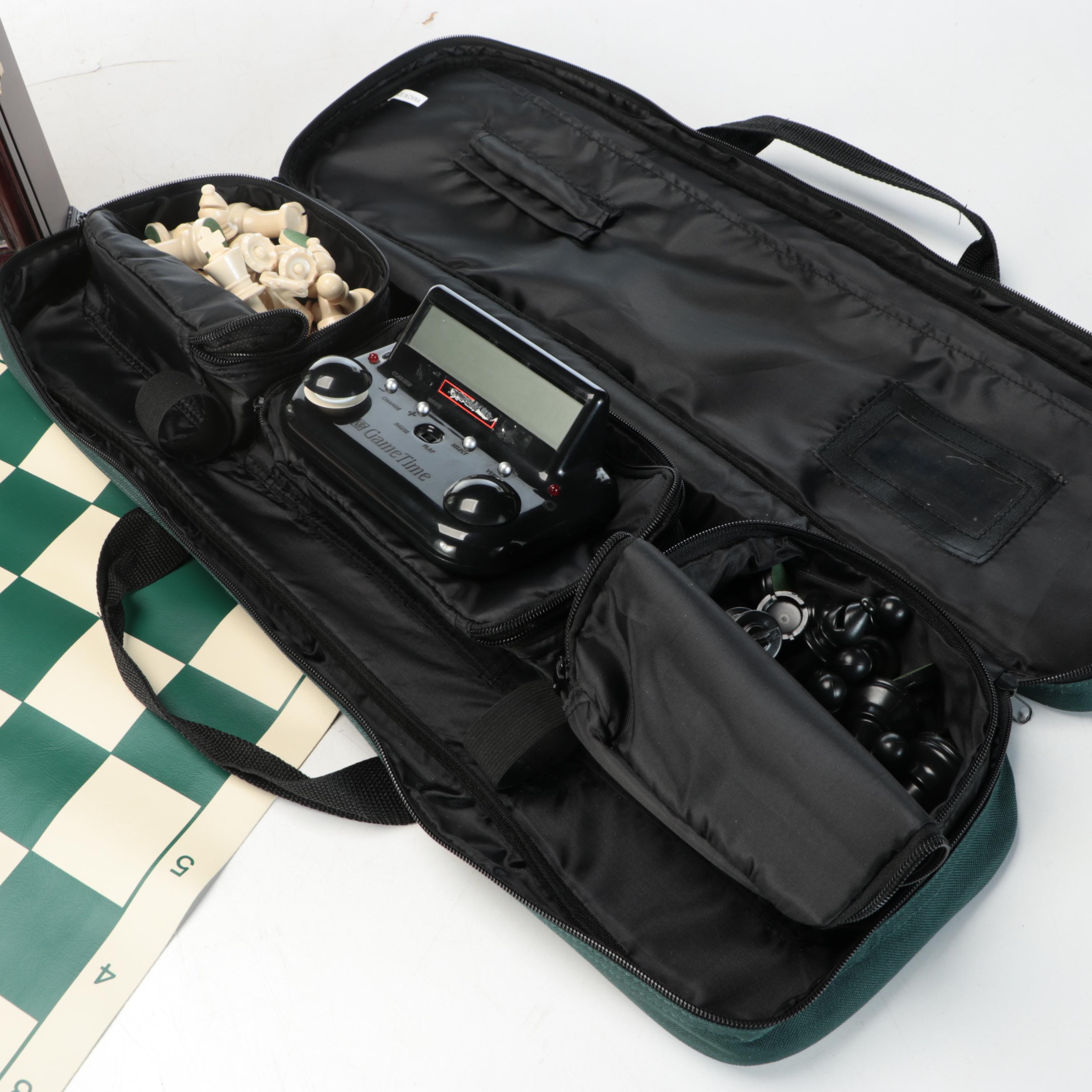 Portable Chess Game with Electronic Clock and Golf Ball Display Case