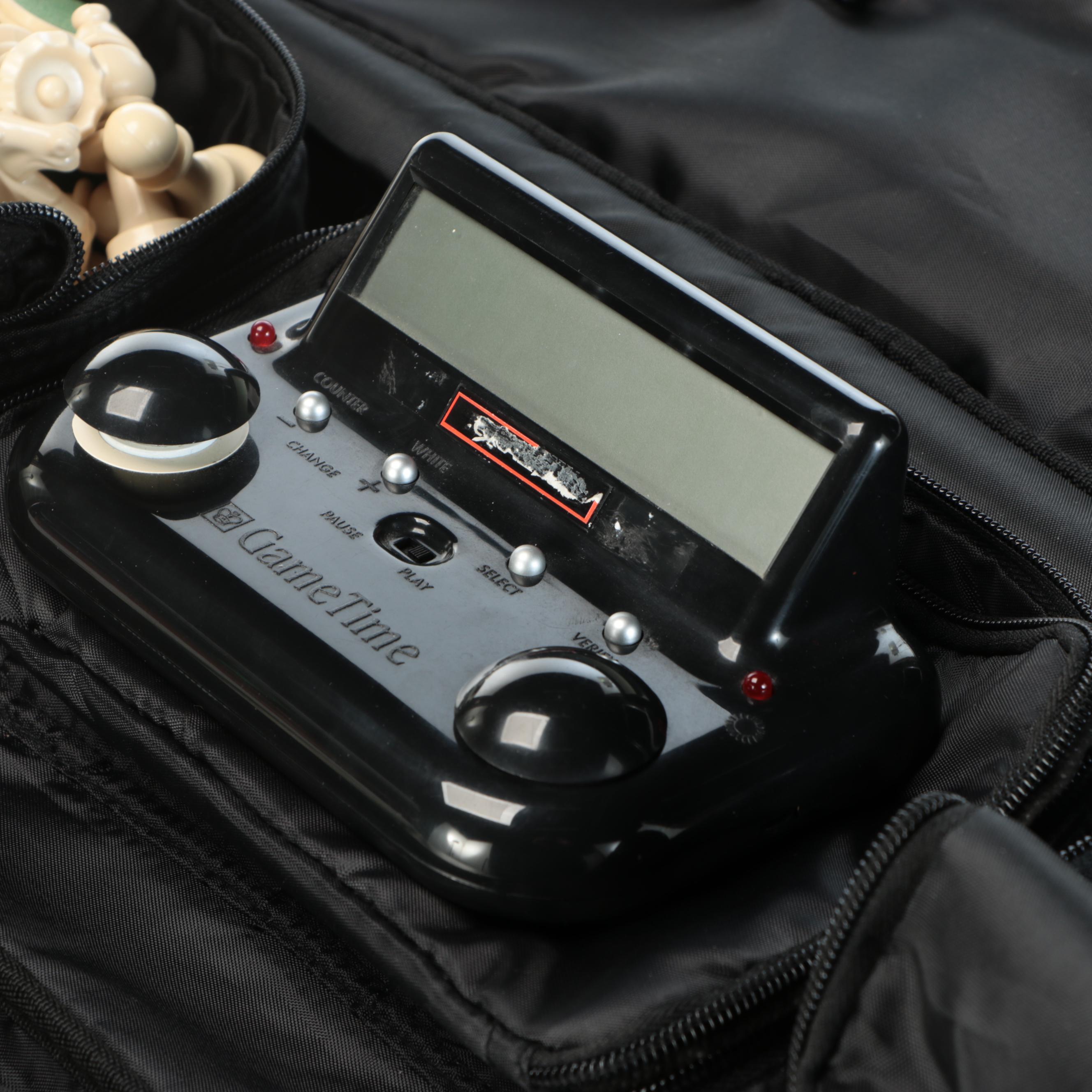 Portable Chess Game with Electronic Clock and Golf Ball Display Case