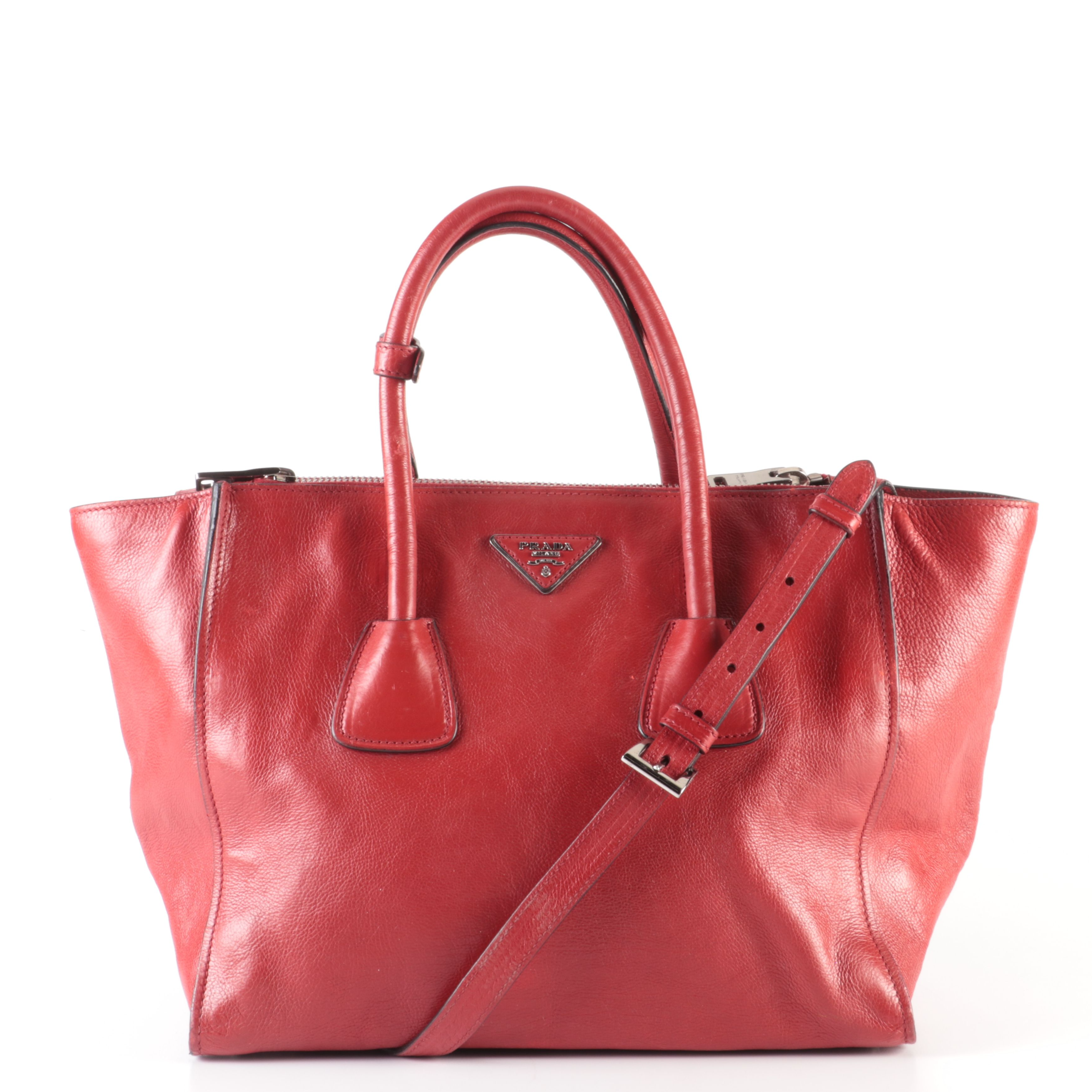 Prada Twin Pocket Tote Bag in Red Glace Calfskin Leather