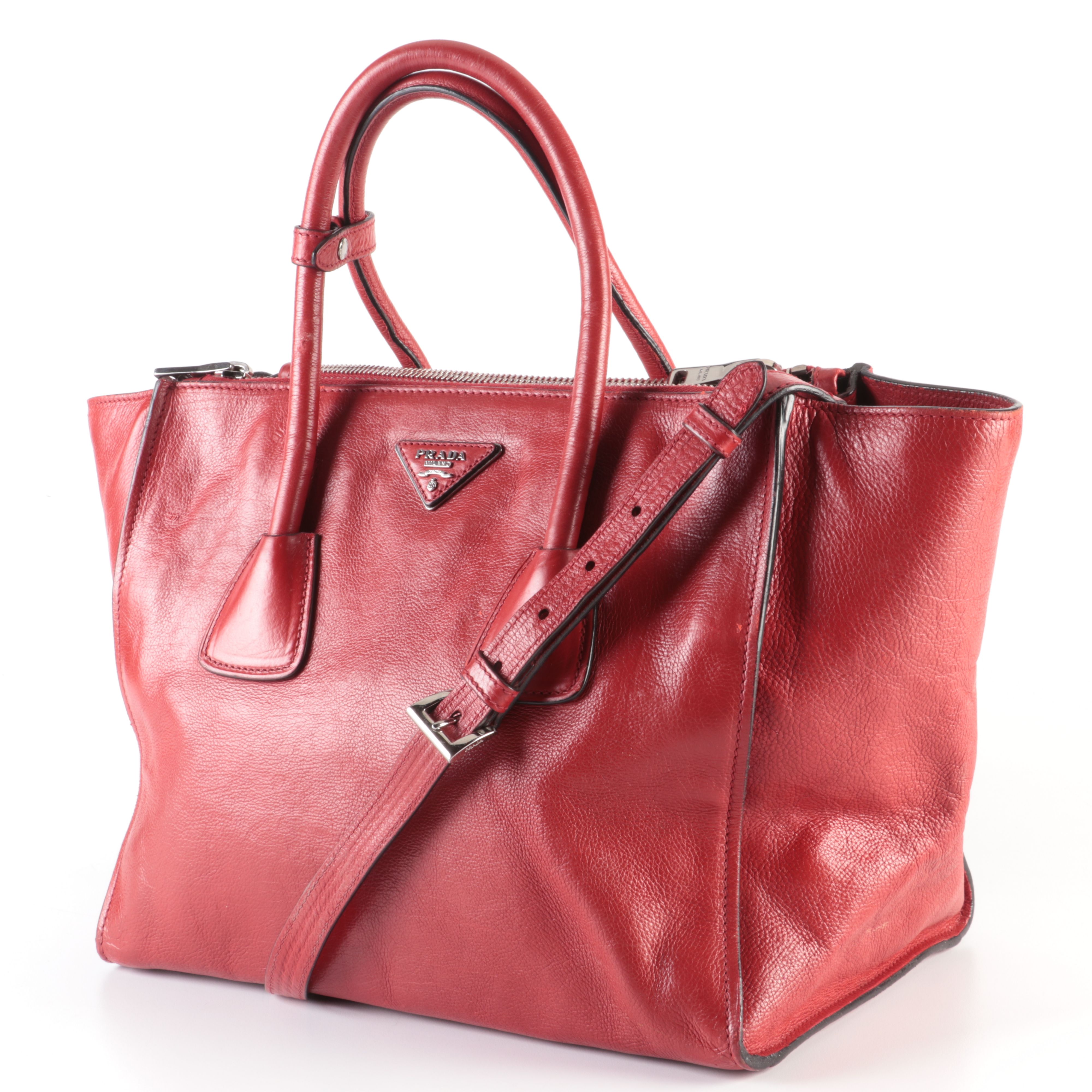 Prada Twin Pocket Tote Bag in Red Glace Calfskin Leather