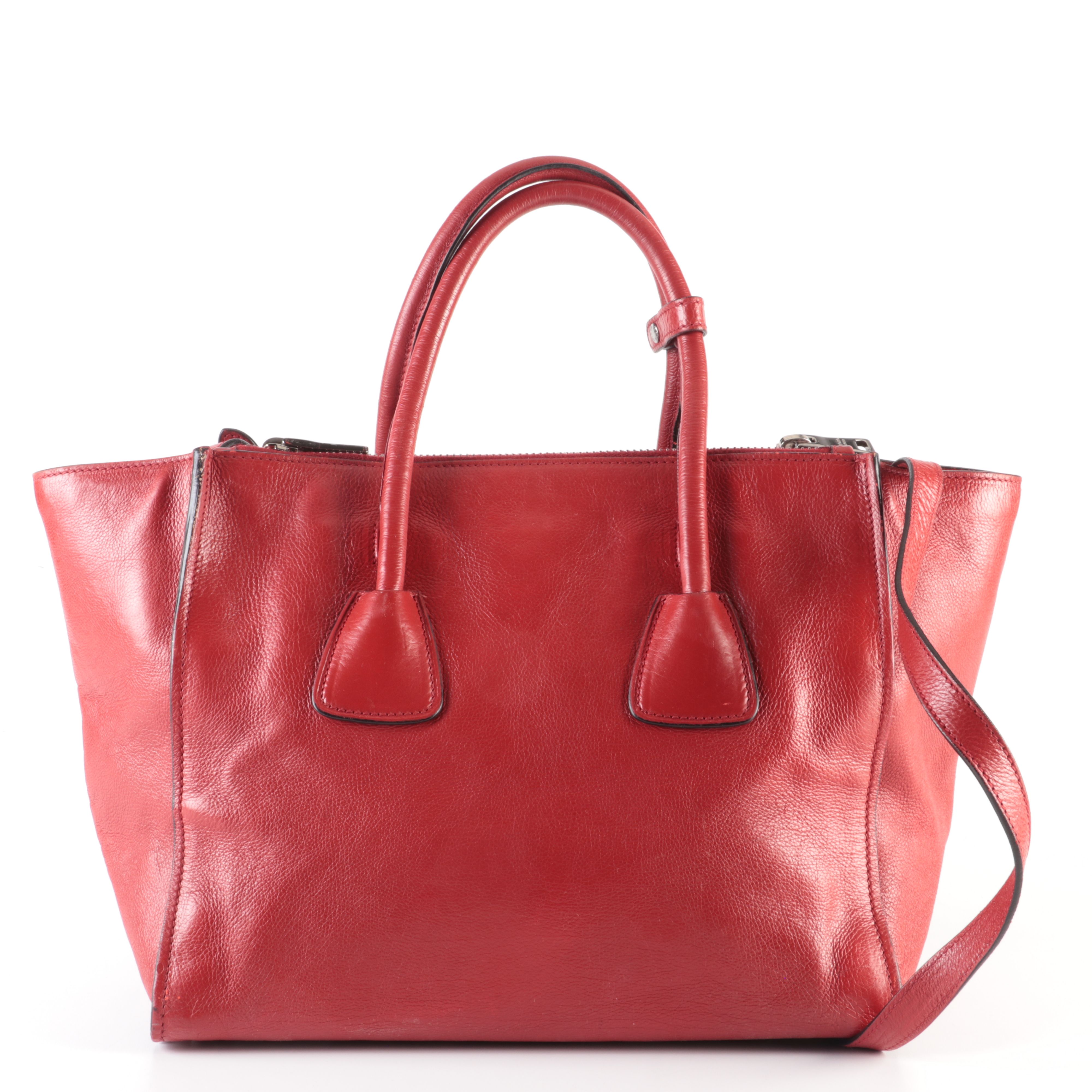 Prada Twin Pocket Tote Bag in Red Glace Calfskin Leather