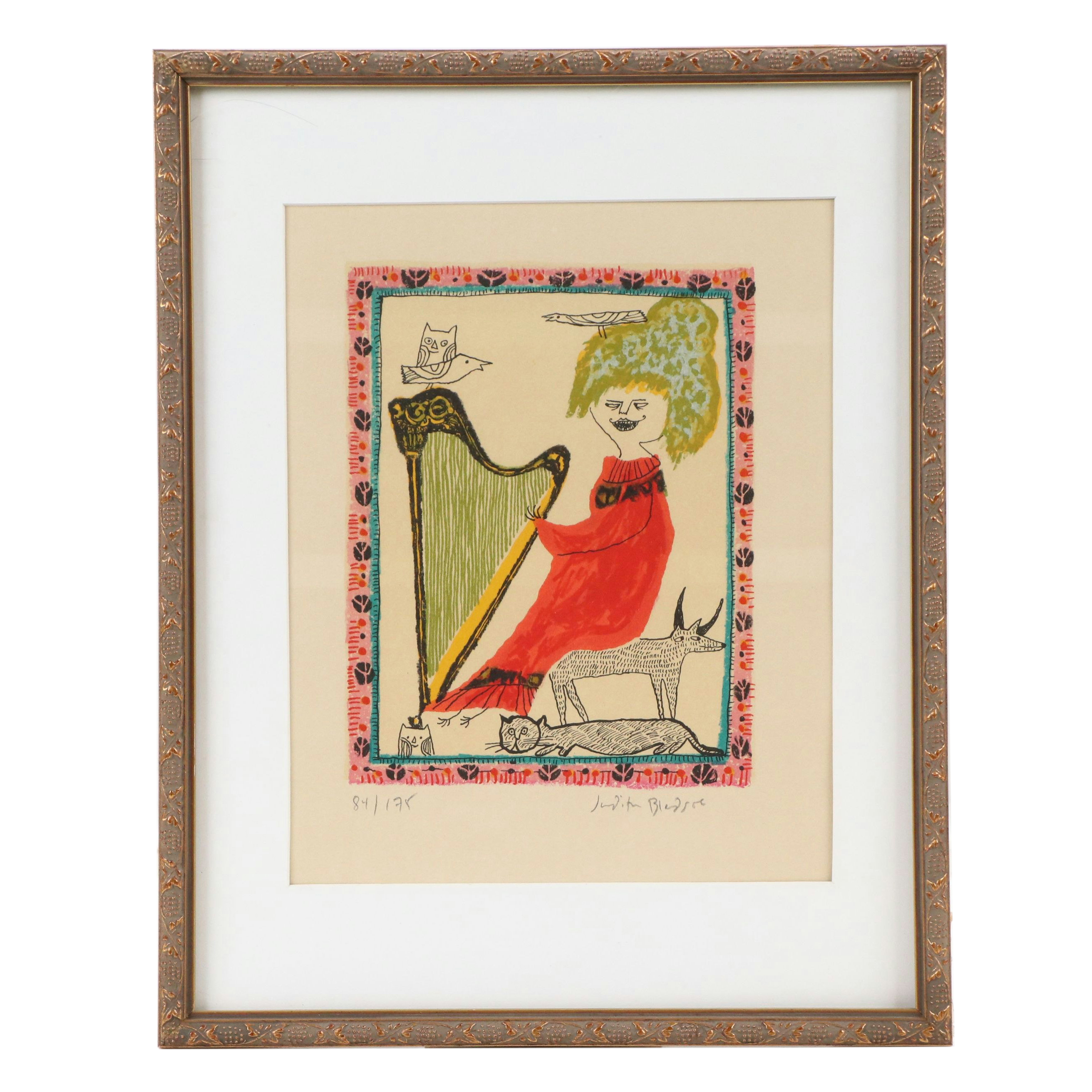 Judith Bledsoe Lithograph "Petite Portrait - Harpist," Mid-20th Century