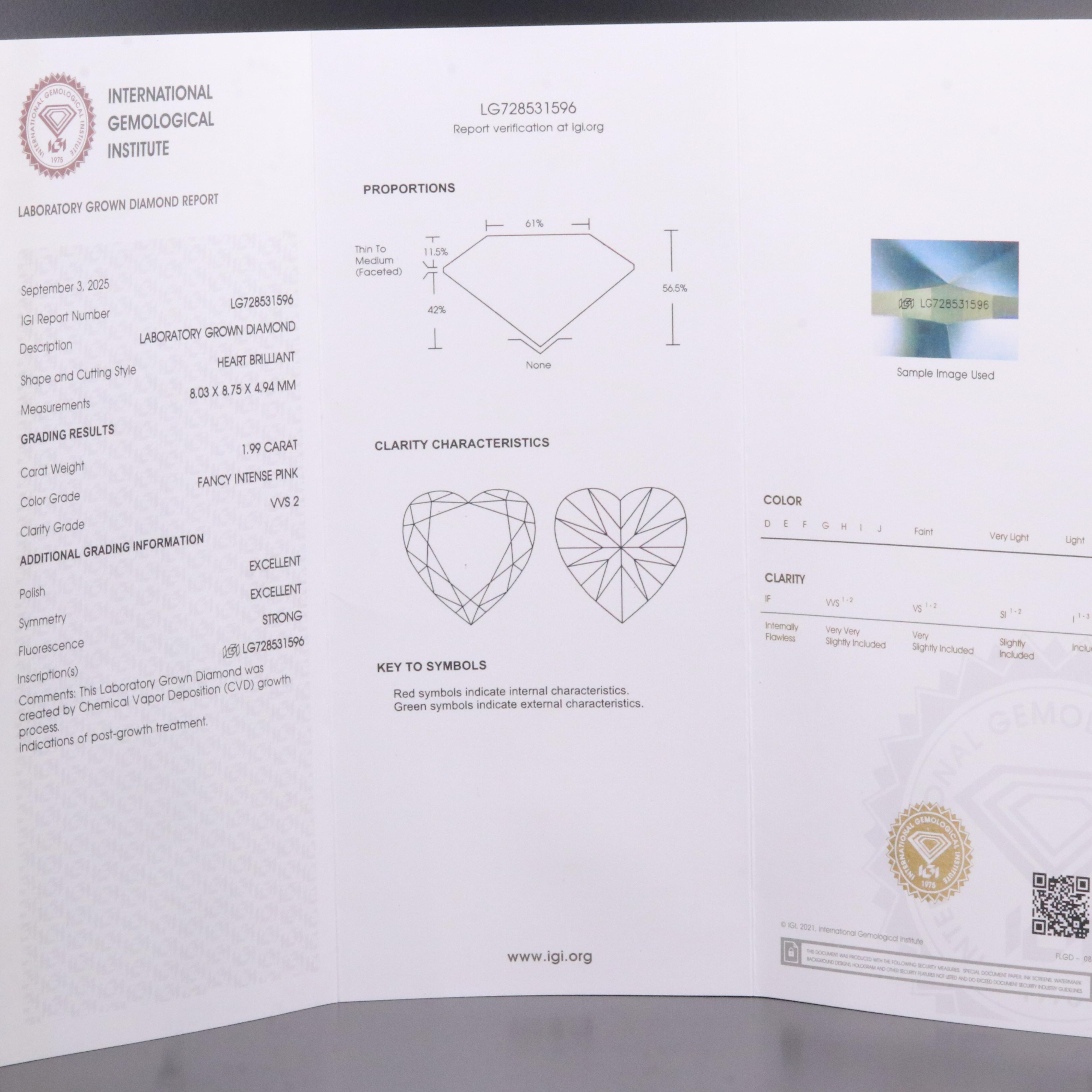 Loose 1.99 CT Lab Grown Fancy Pink Diamond with IGI Report