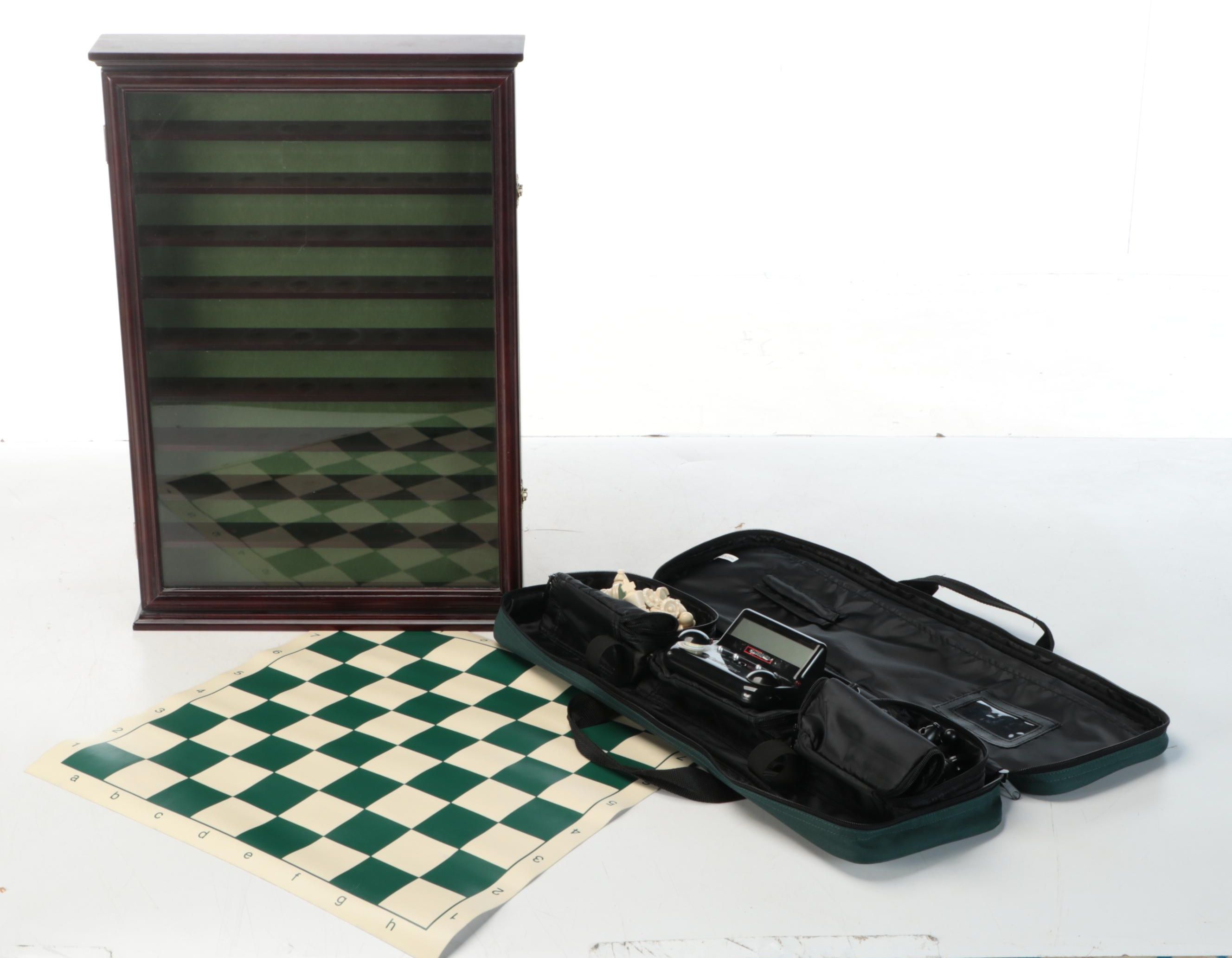Portable Chess Game with Electronic Clock and Golf Ball Display Case
