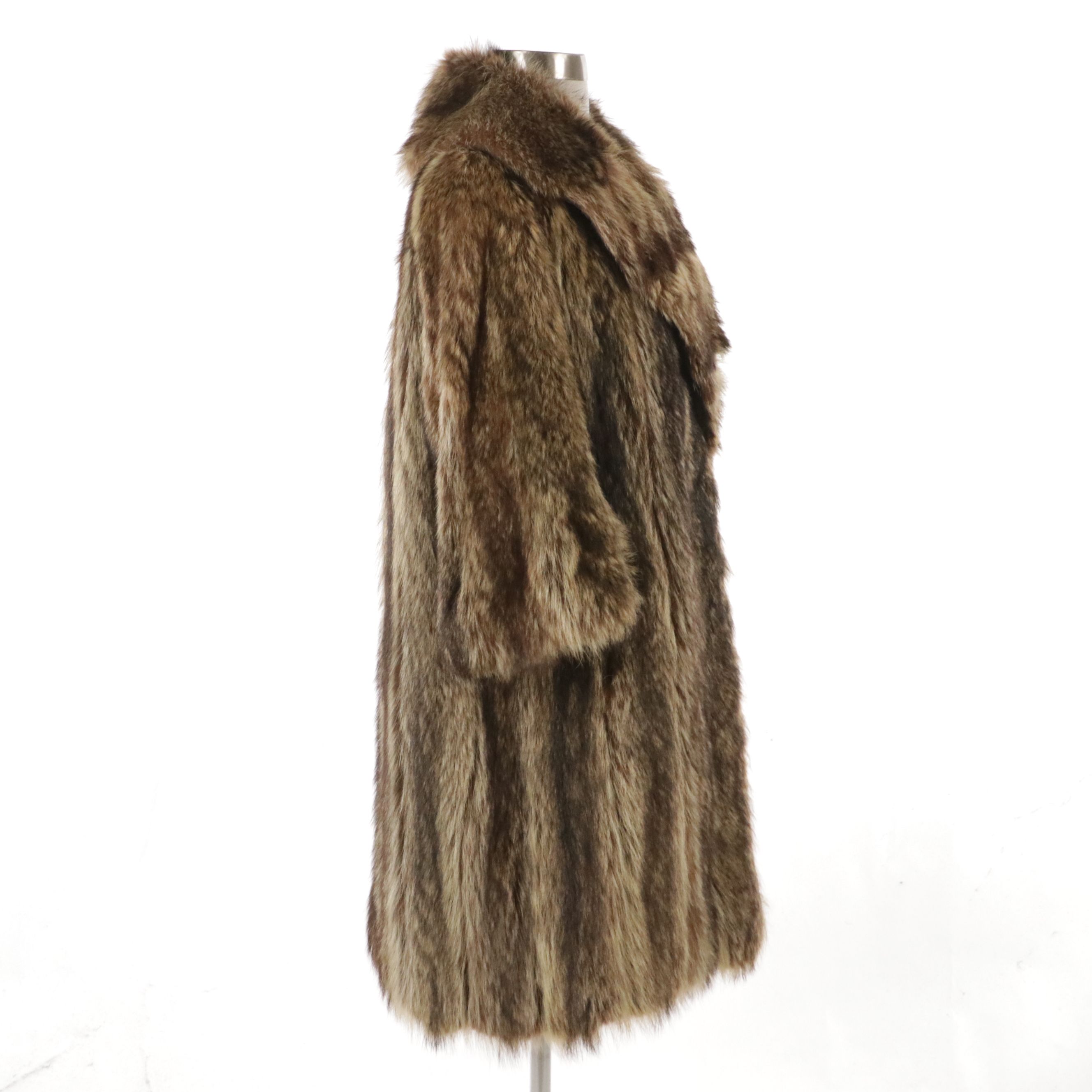Vintage Raccoon Fur Mid-Length Coat with Plaid Canvas Twill Lining