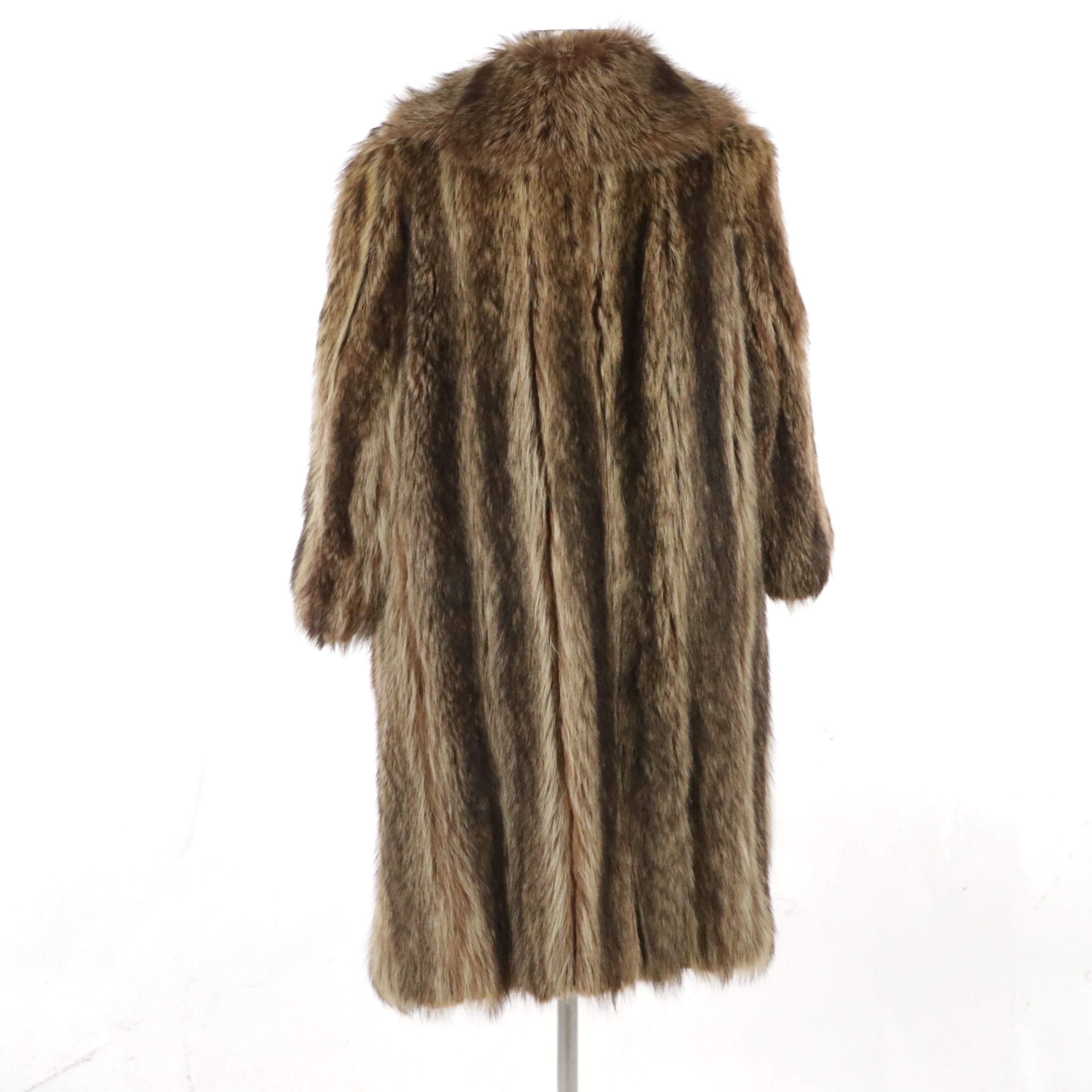 Vintage Raccoon Fur Mid-Length Coat with Plaid Canvas Twill Lining