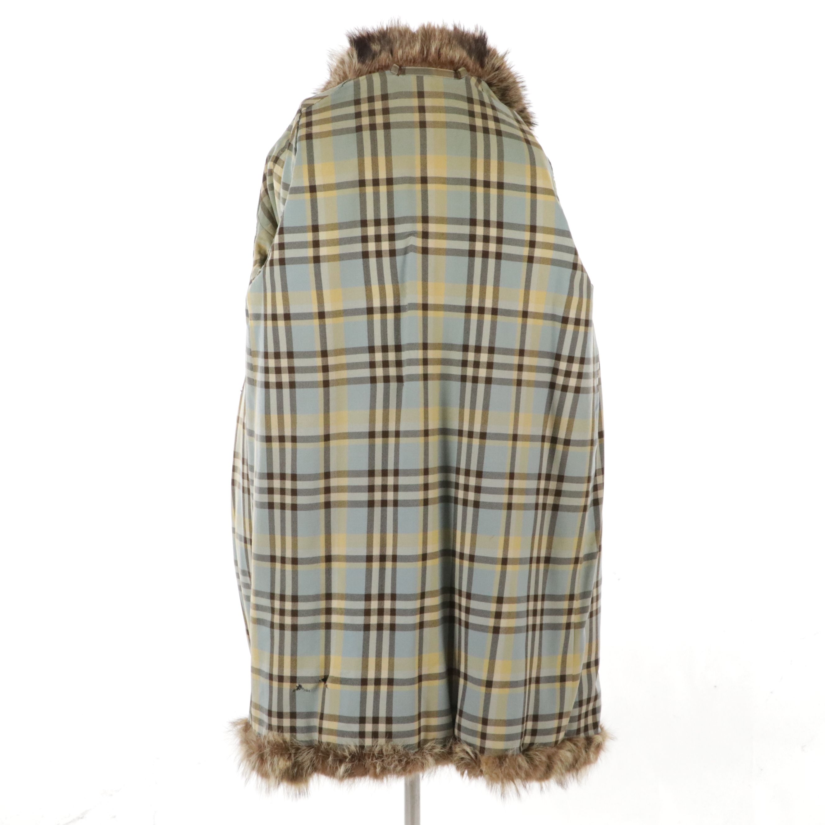 Vintage Raccoon Fur Mid-Length Coat with Plaid Canvas Twill Lining