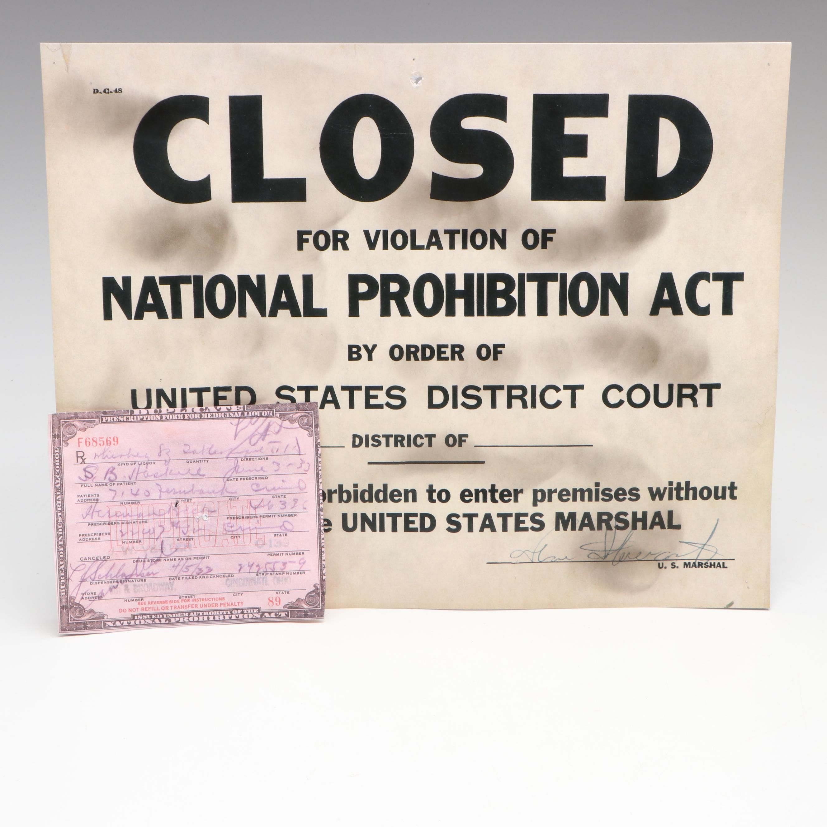 Prohibition Style Whisky Prescription Form with Reproduction Sign