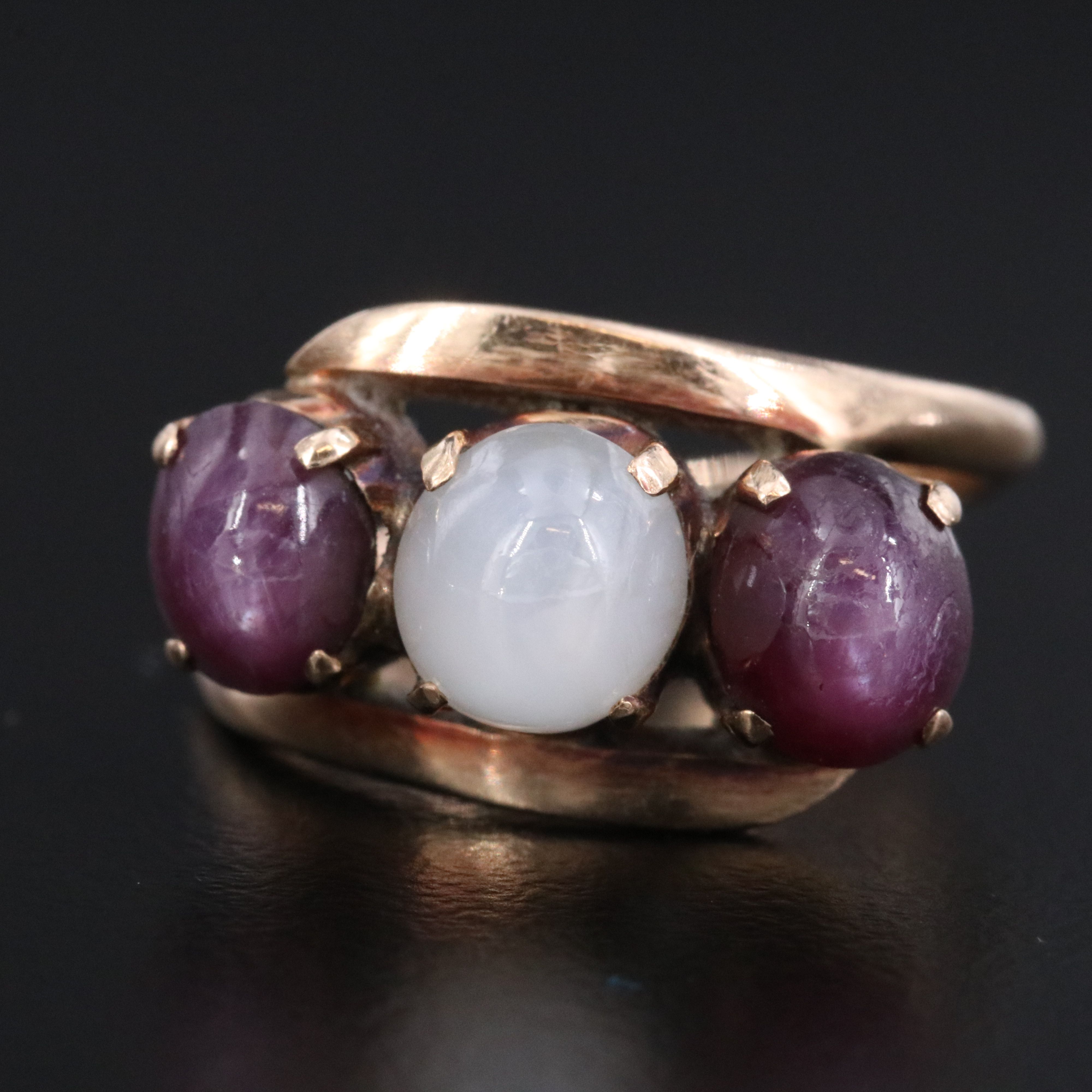 10K Star Sapphire and Star Ruby Three Stone Bypass Ring