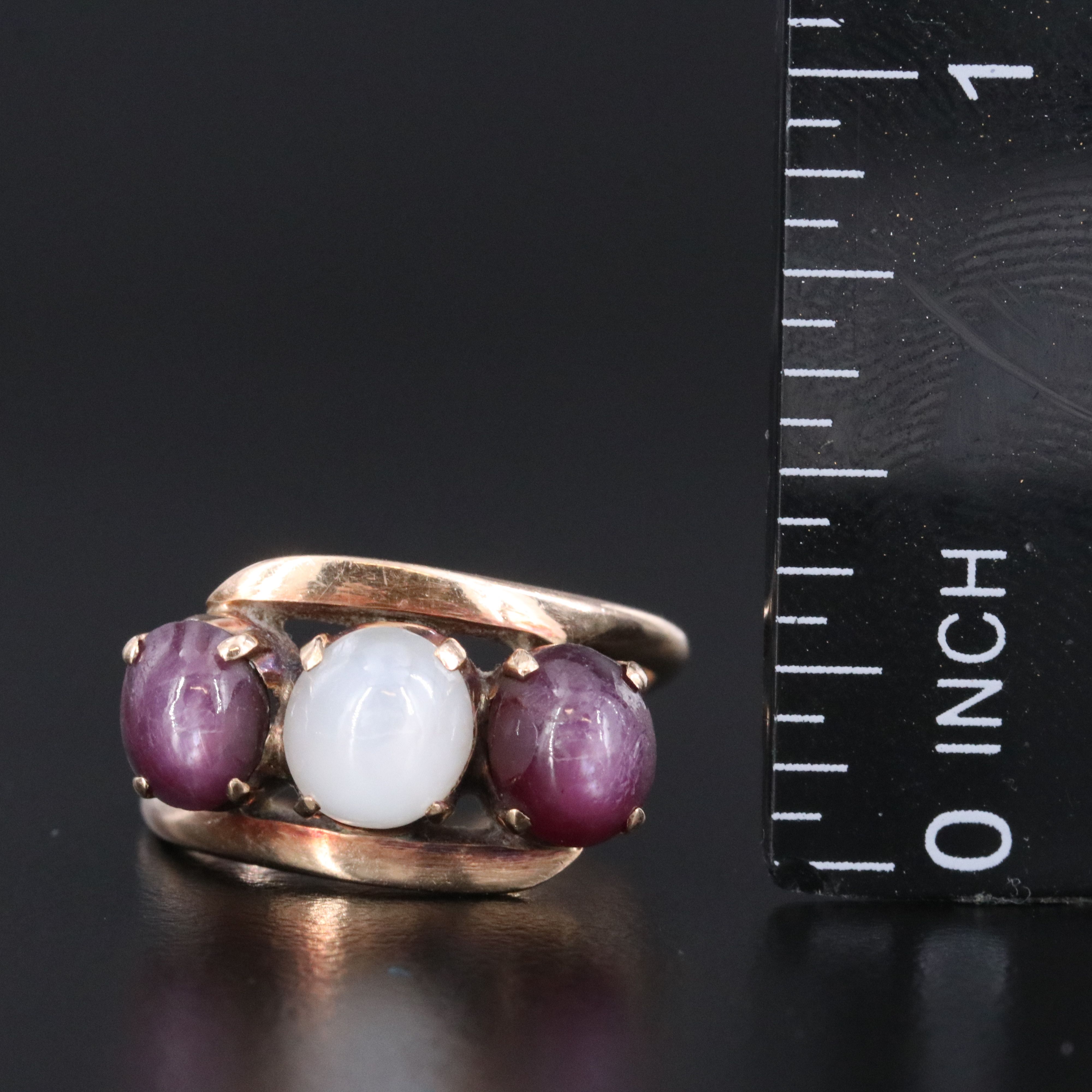 10K Star Sapphire and Star Ruby Three Stone Bypass Ring