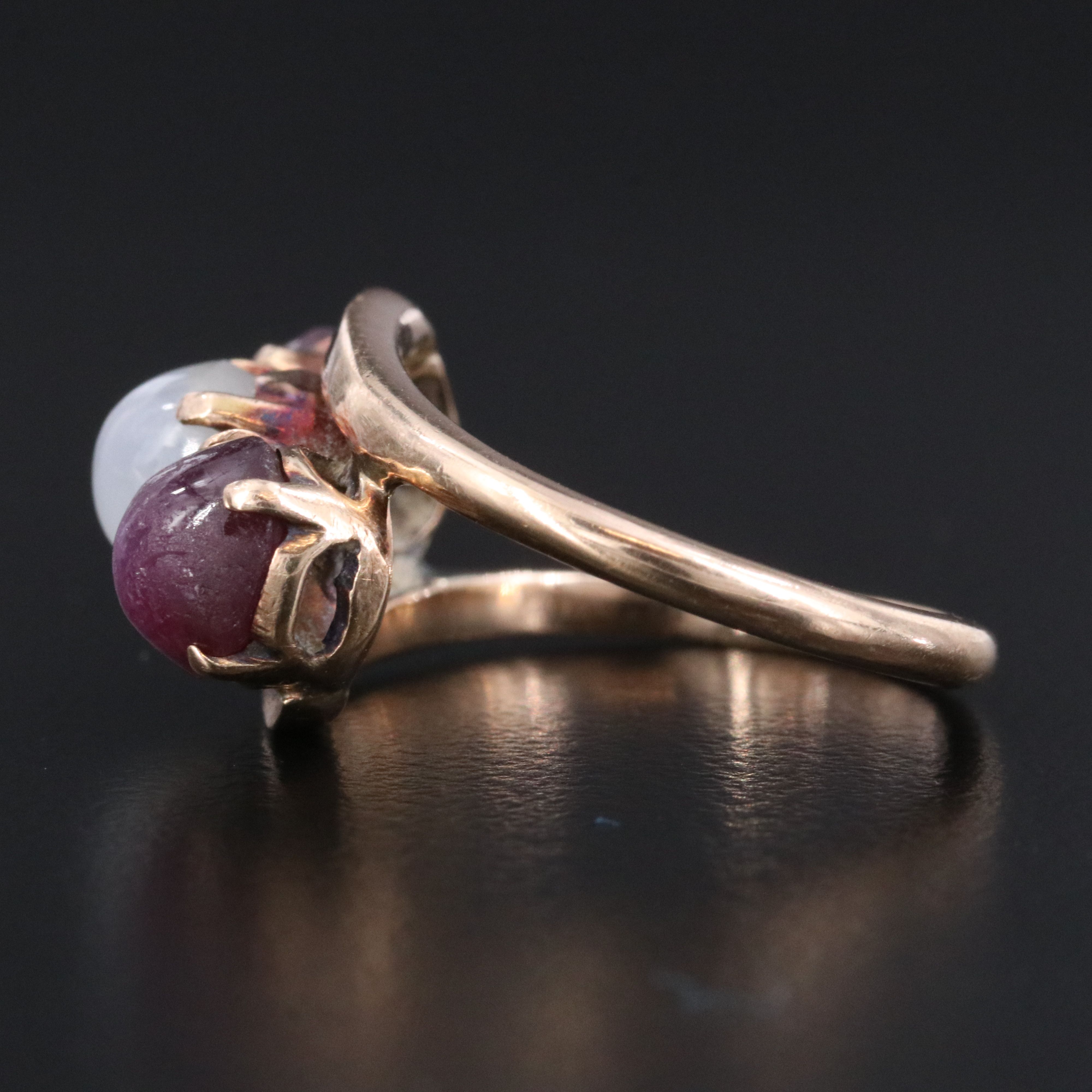 10K Star Sapphire and Star Ruby Three Stone Bypass Ring