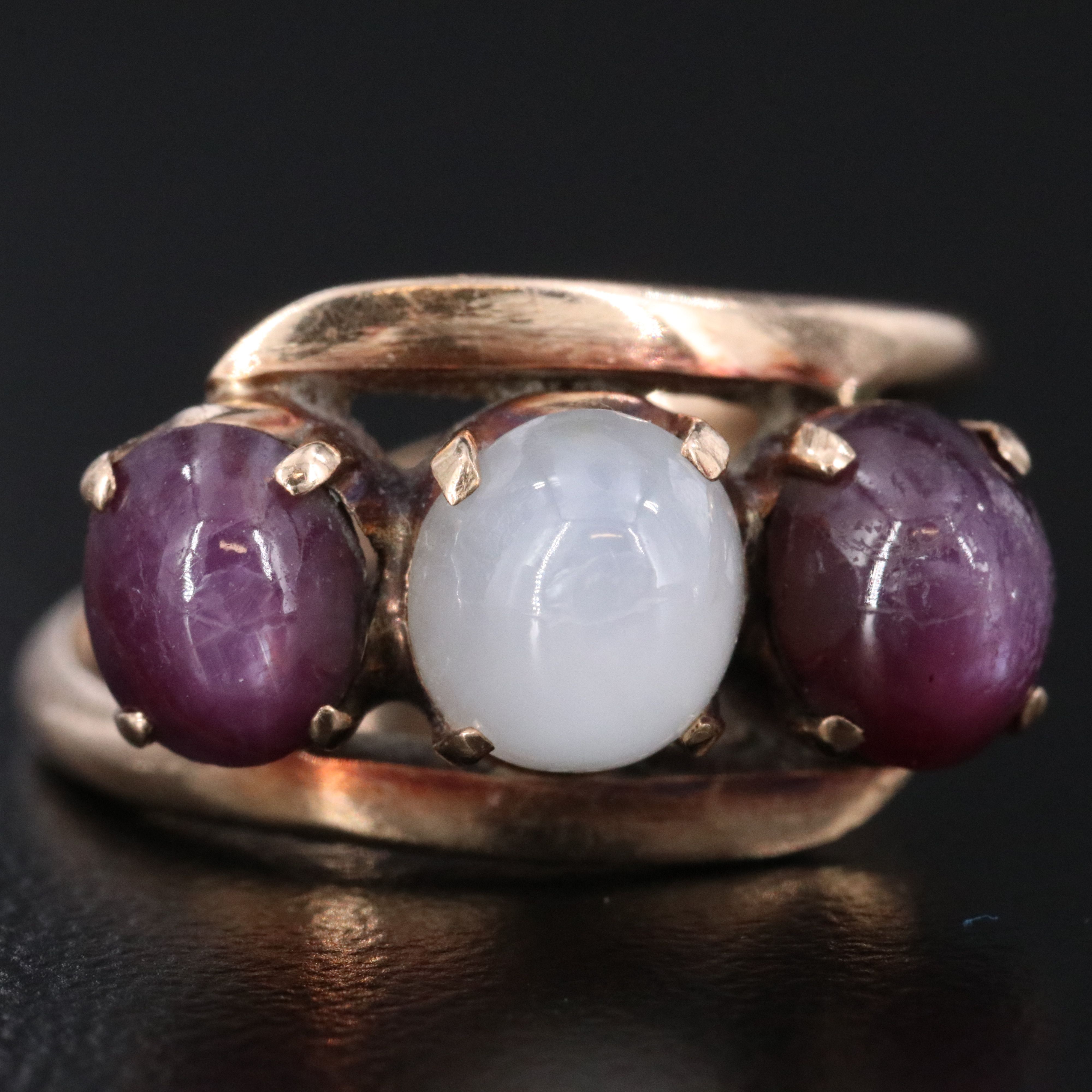 10K Star Sapphire and Star Ruby Three Stone Bypass Ring