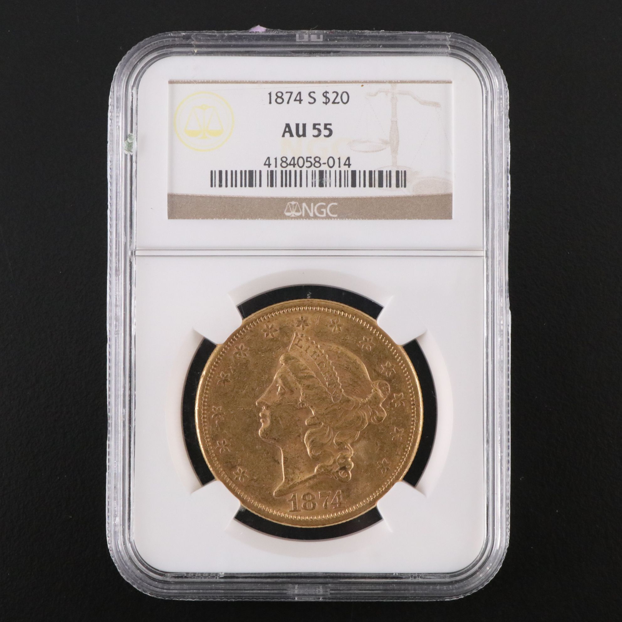 NGC Graded AU55 1874-S Liberty Head $20 Gold Coin
