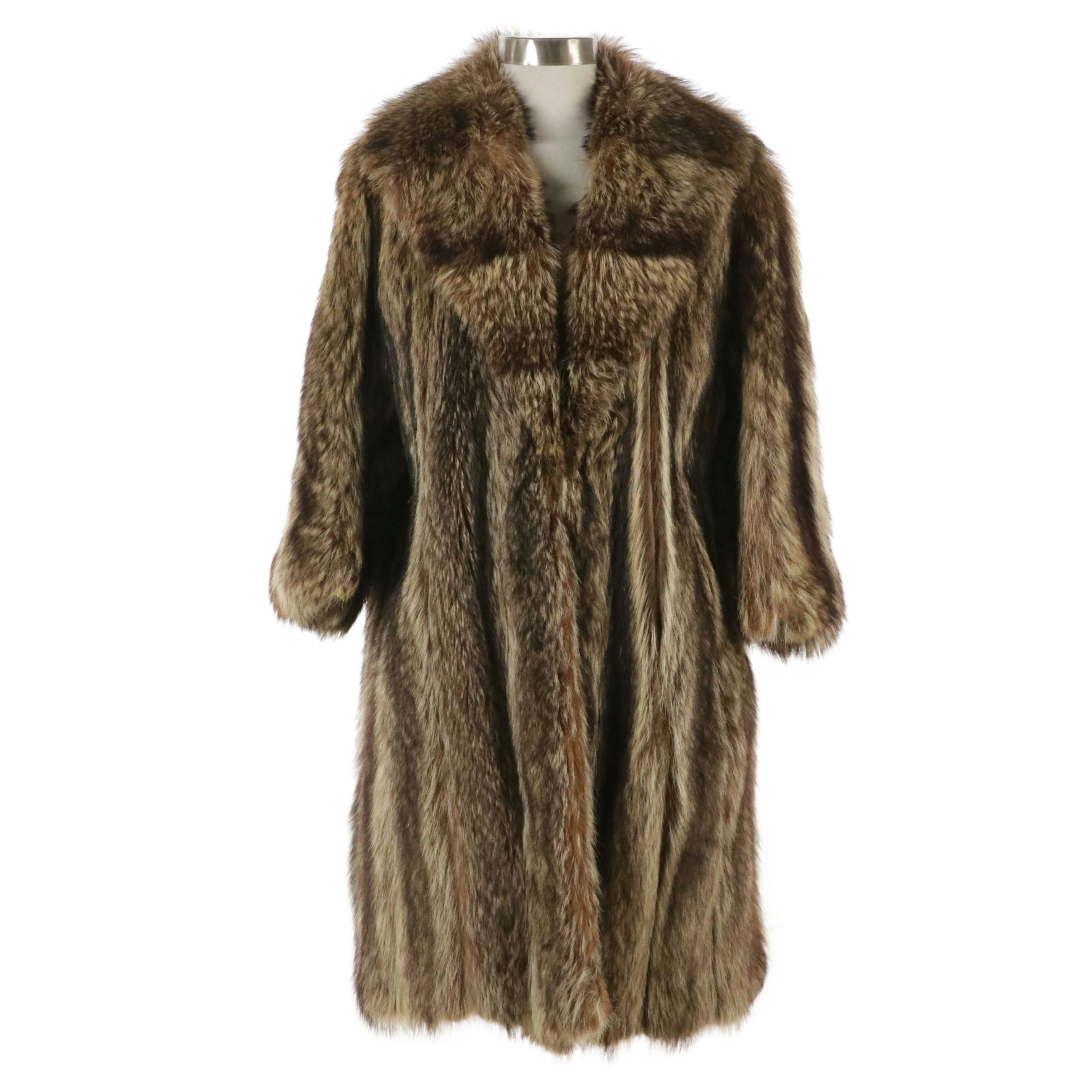 Vintage Raccoon Fur Mid-Length Coat with Plaid Canvas Twill Lining