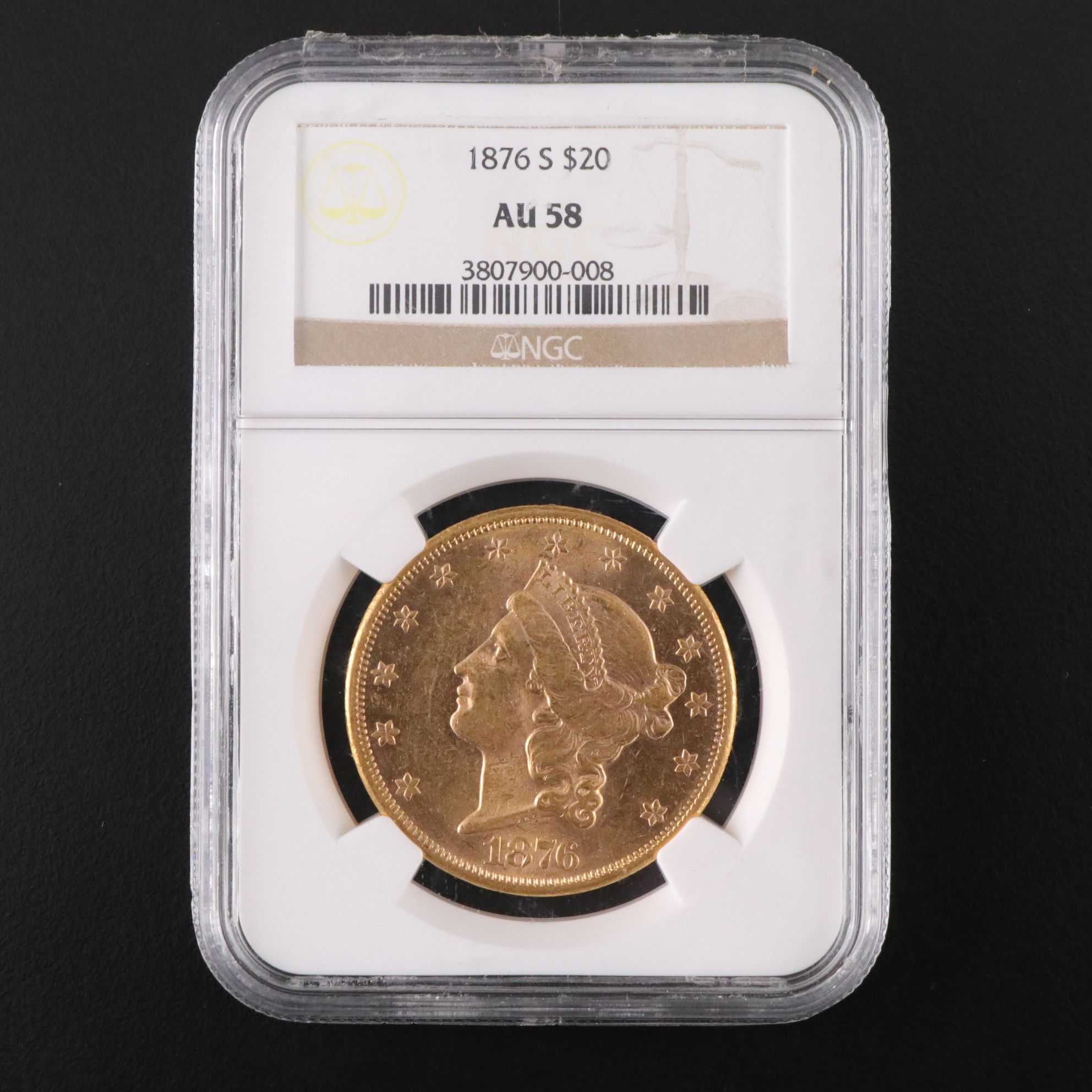 NGC Graded AU58 1876-S Liberty Head $20 Gold Coin