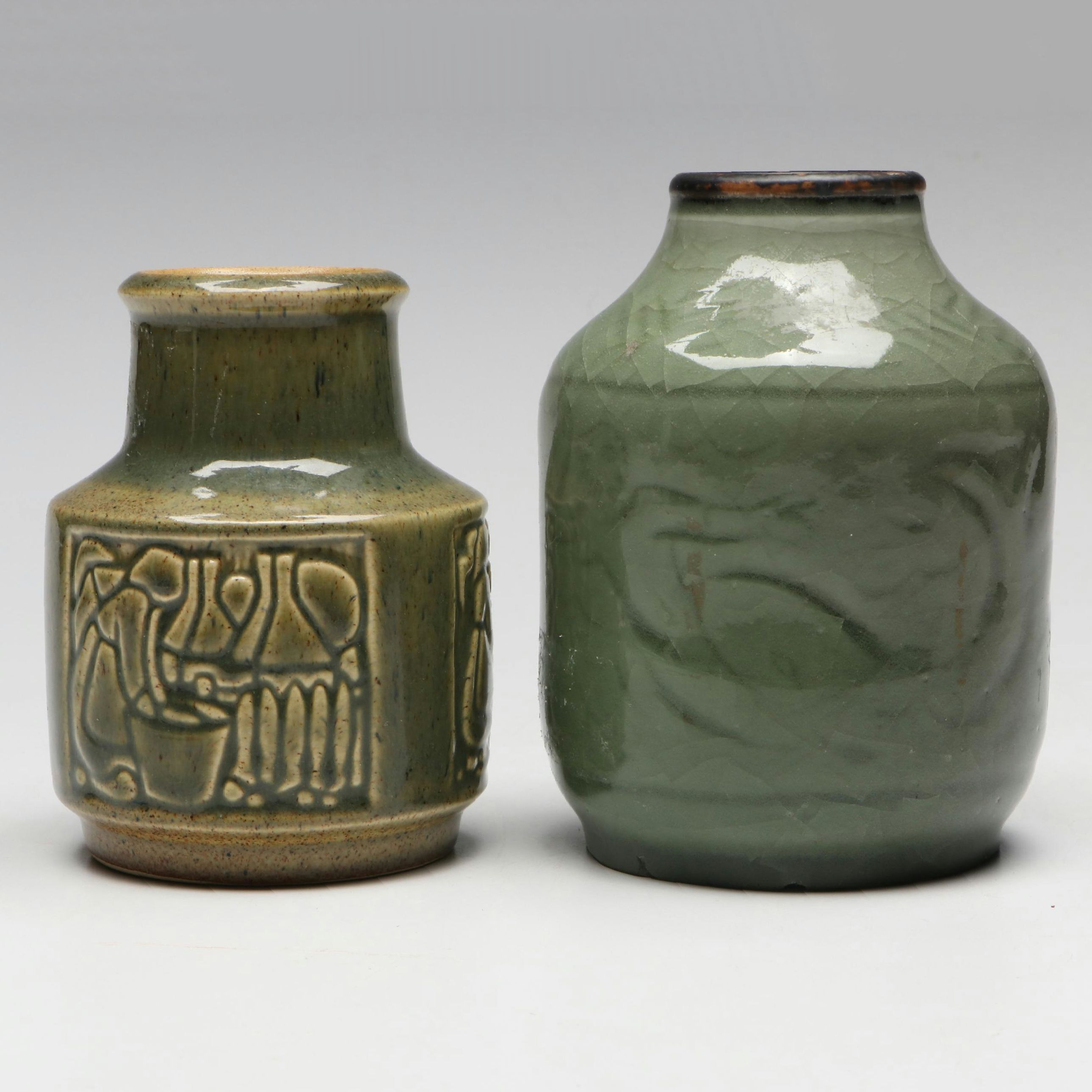 Jais Nielsen for Royal Copenhagen Crackle Vase with Michael Andersen Relief Vase