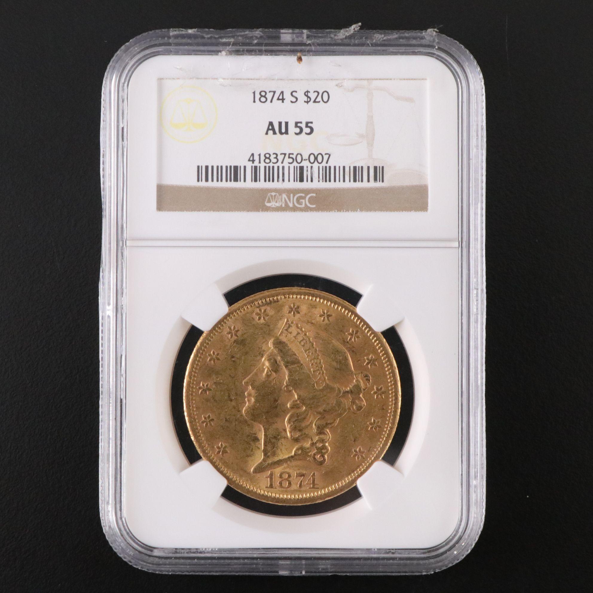 NGC Graded AU55 1874-S Liberty Head $20 Gold Coin