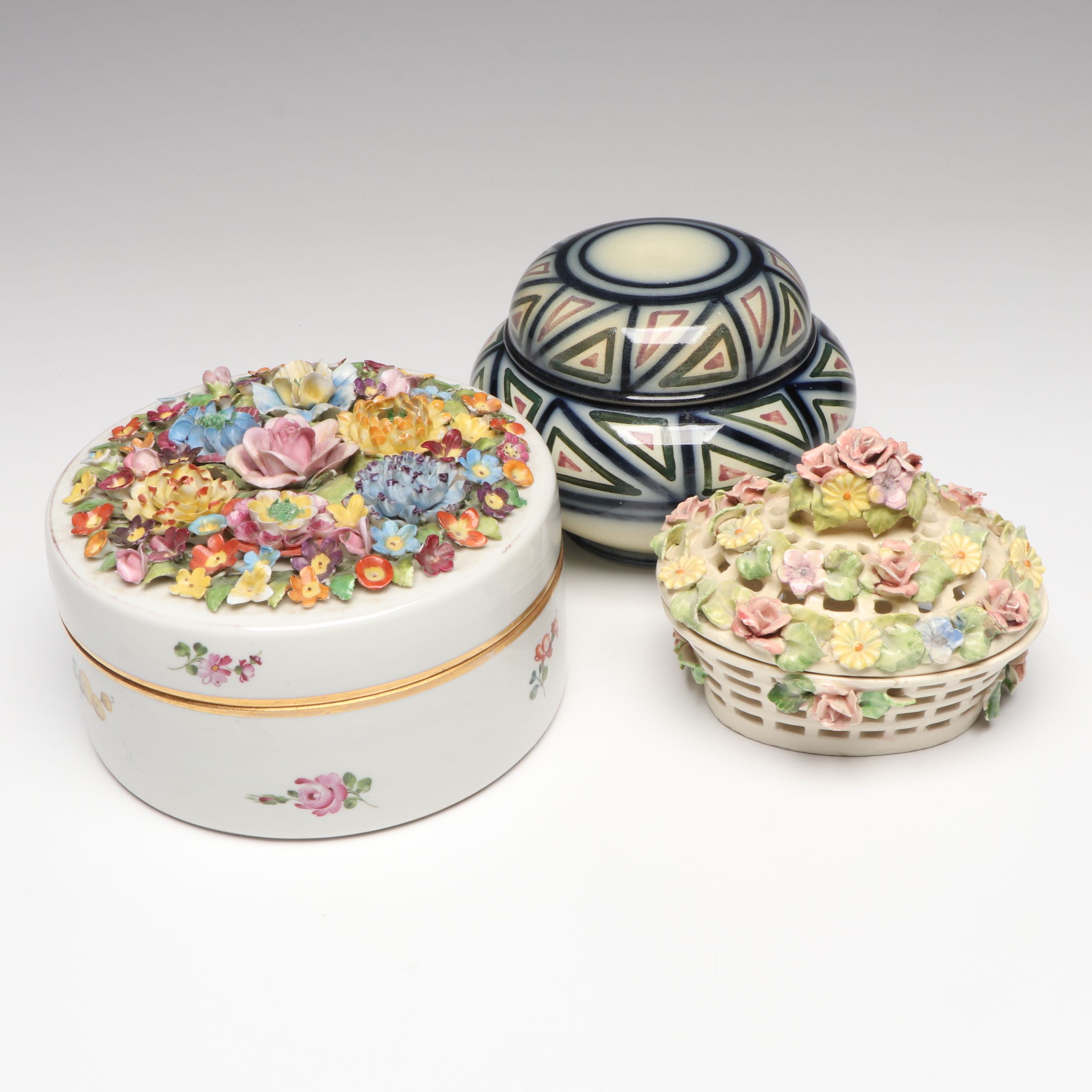 Von Schierholz Porcelain and Other Applied Flower Boxes with Geometric Box