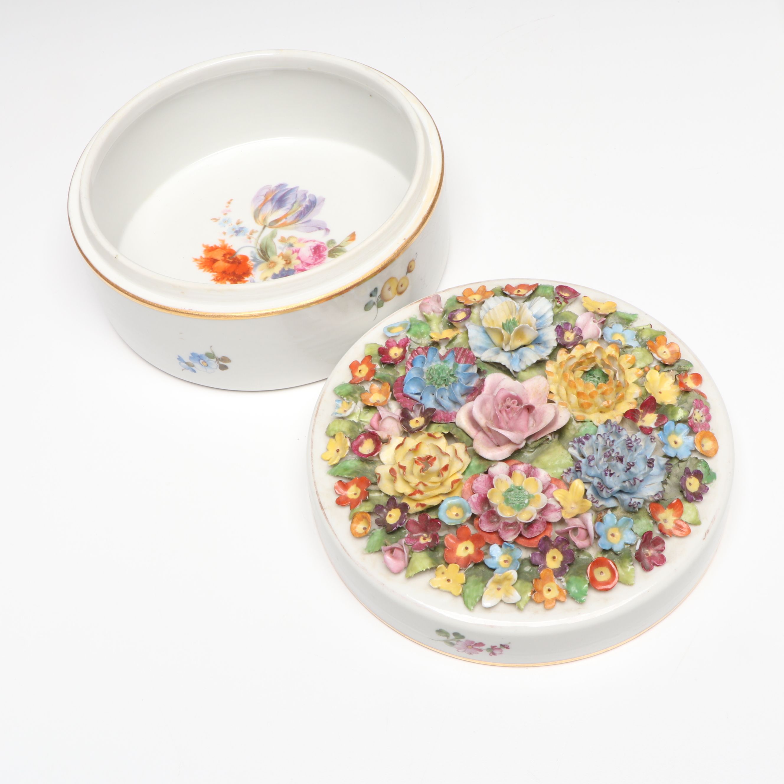 Von Schierholz Porcelain and Other Applied Flower Boxes with Geometric Box