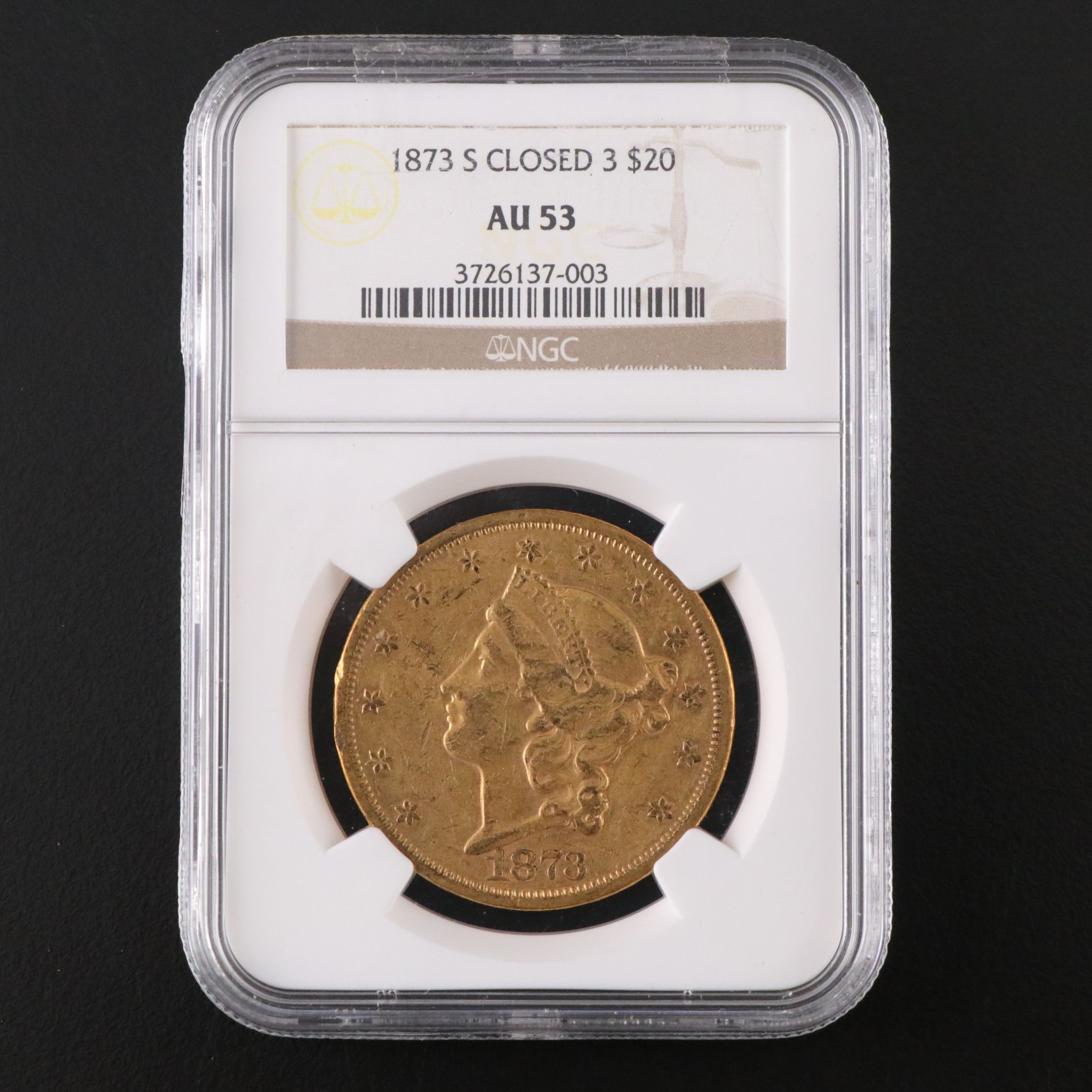 NGC Graded AU53 1873-S "Closed 3" Liberty Head $20 Gold Coin