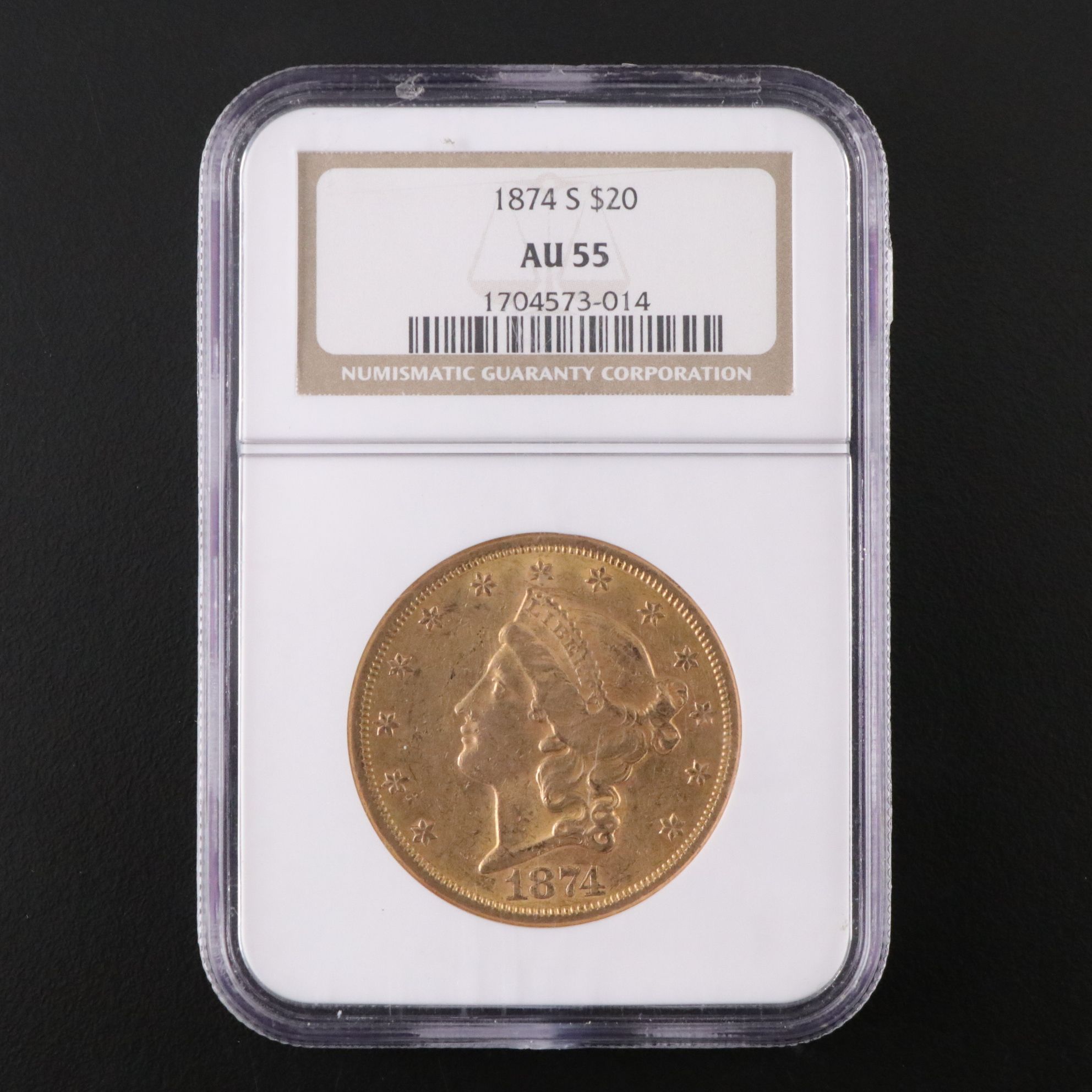 NGC Graded AU55 1874-S Liberty Head $20 Gold Coin