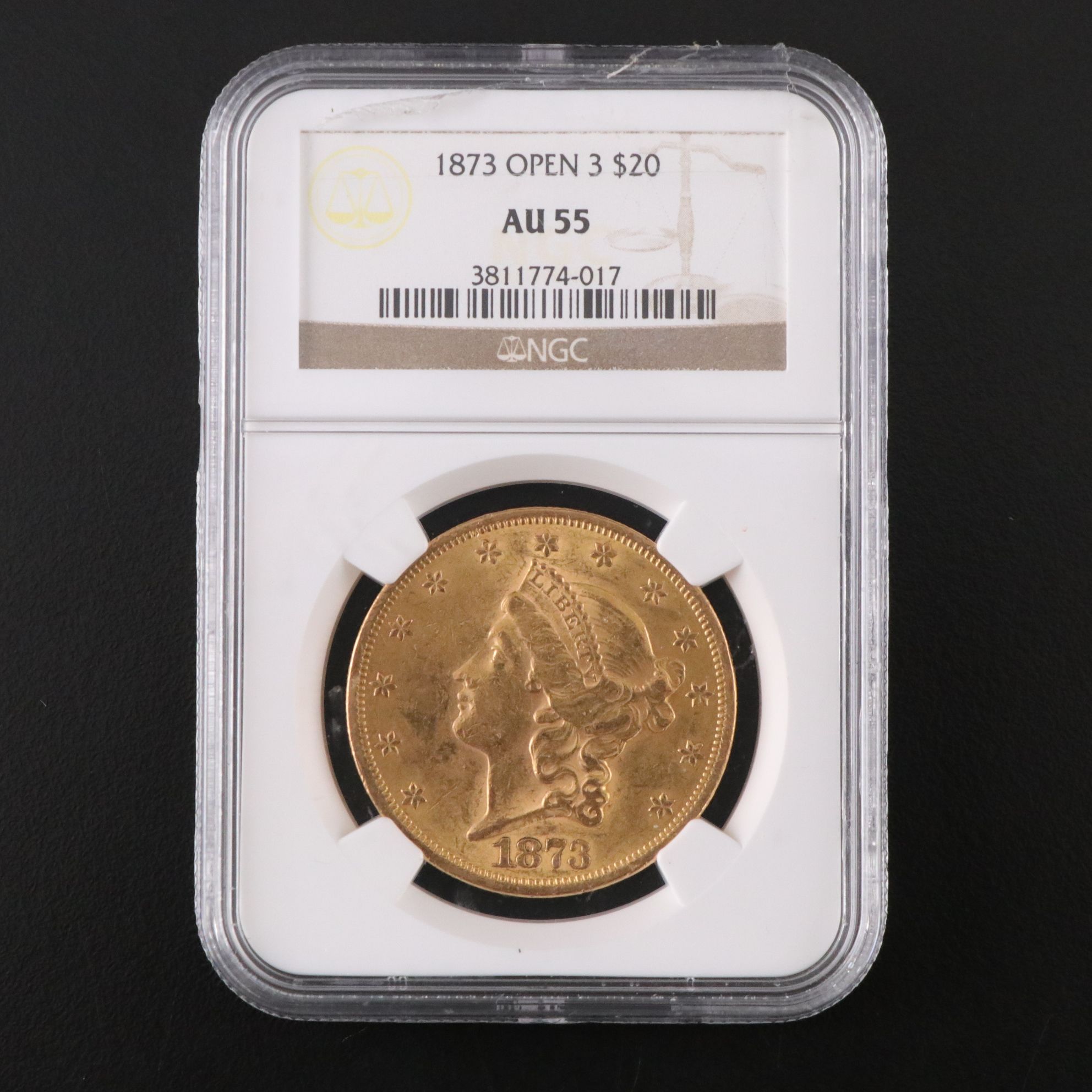 NGC Graded AU55 1873 "Open 3" Liberty Head $20 Coin