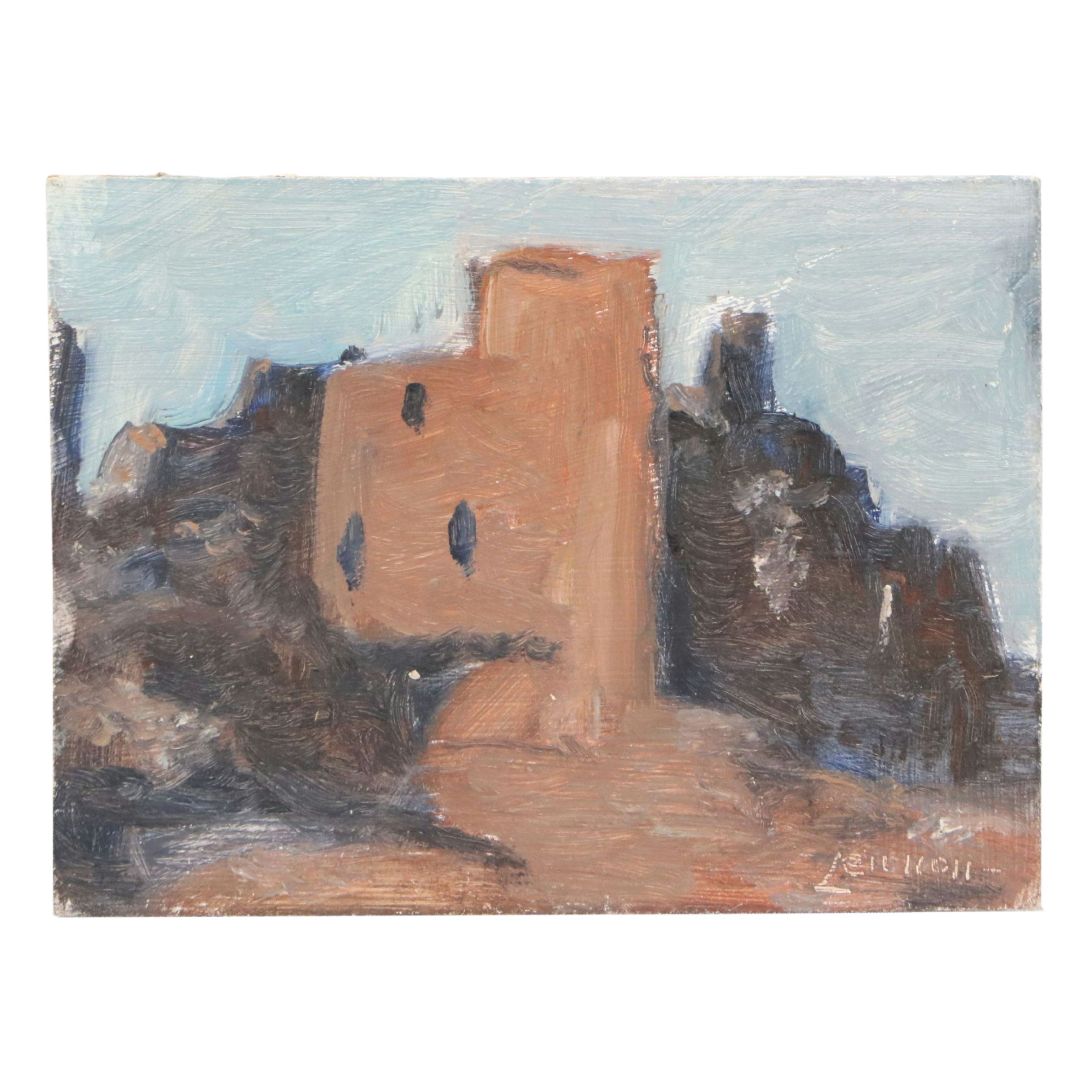 Bernard Lennon Architectural Landscape Oil Painting, 20th Century